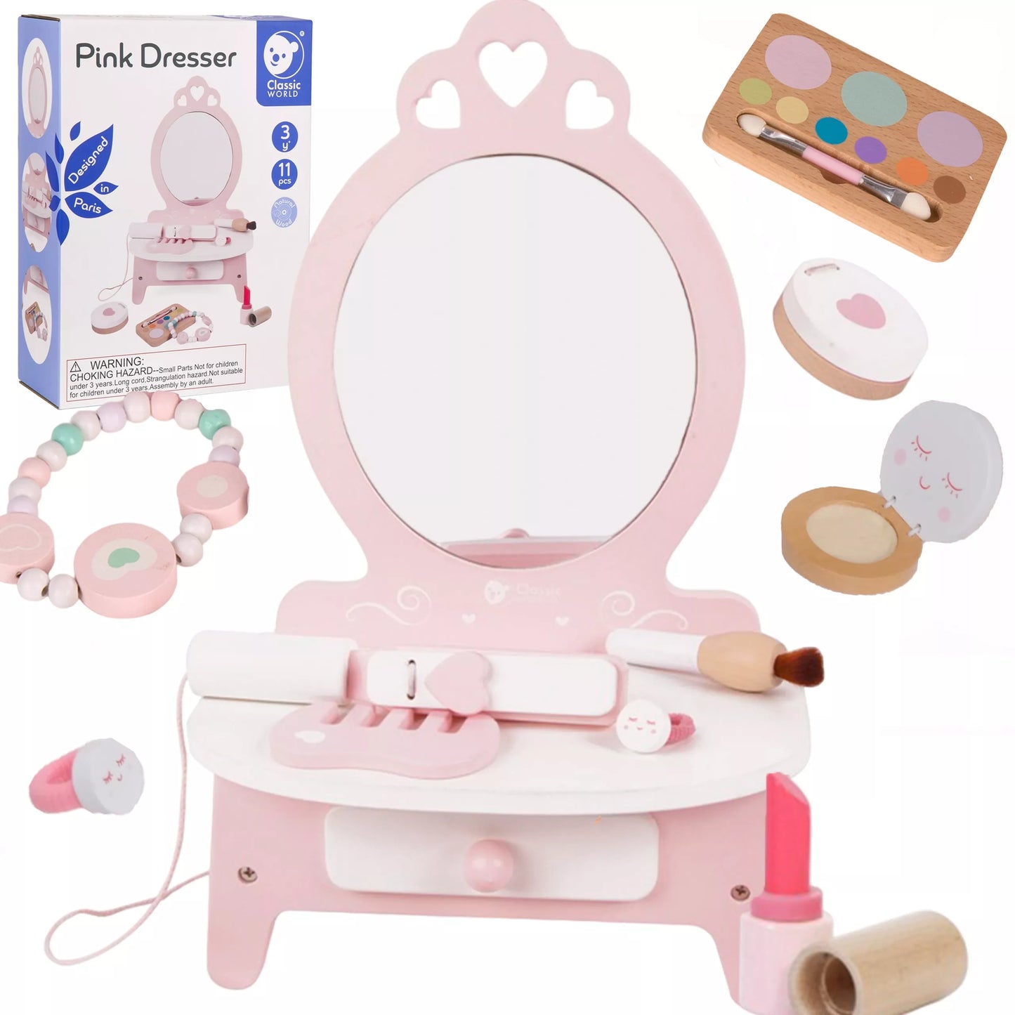 Medinis tualetinis staliukas mergaitėms su veidrodžiu + tiesintuvu 11 vnt.