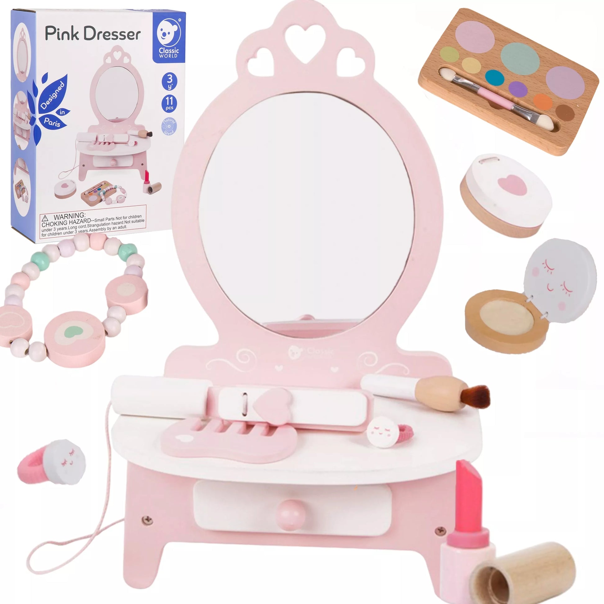 Medinis tualetinis staliukas mergaitėms su veidrodžiu + tiesintuvu 11 vnt.