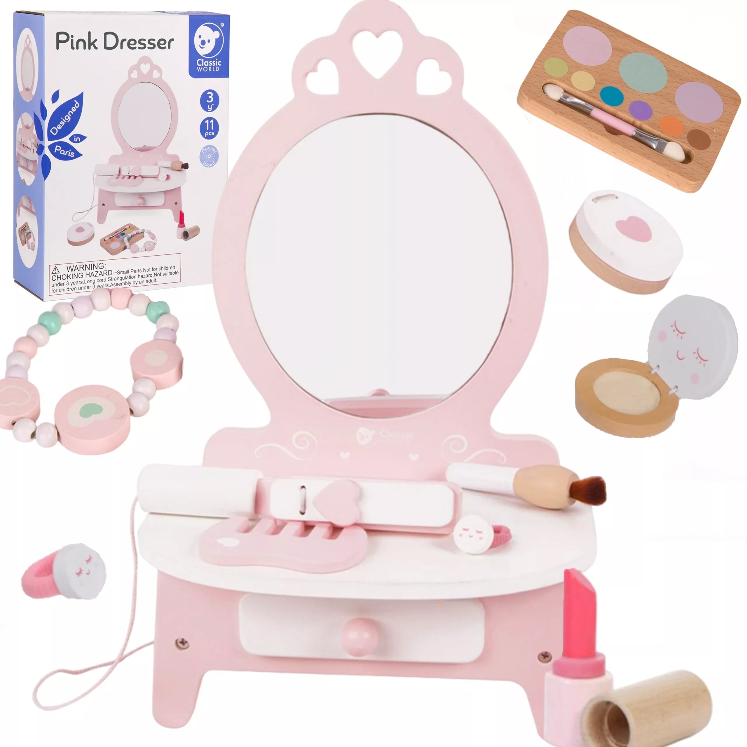 Medinis tualetinis staliukas mergaitėms su veidrodžiu + tiesintuvu 11 vnt.