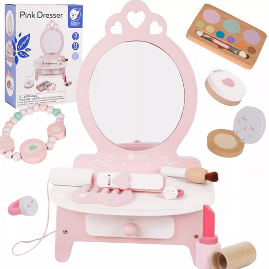 Medinis tualetinis staliukas mergaitėms su veidrodžiu + tiesintuvu 11 vnt.