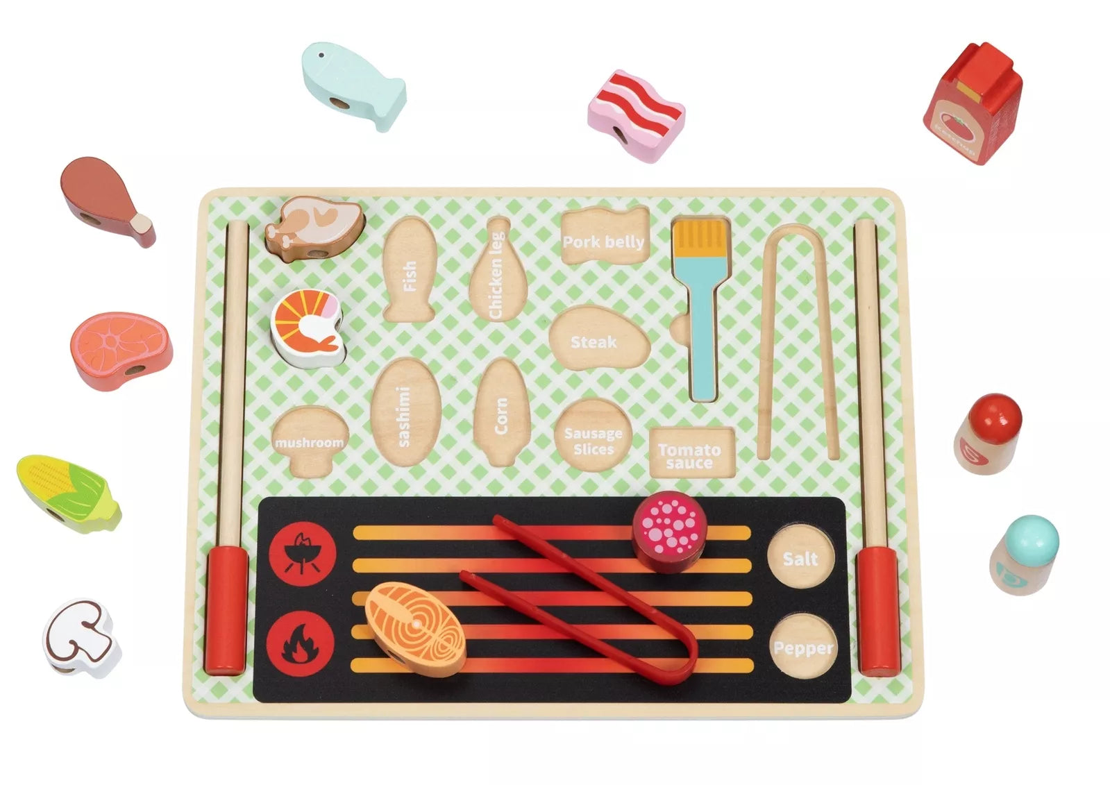 TOOKY TOY medinis grilio rinkinys – edukacinė lentelė ir maisto produktai