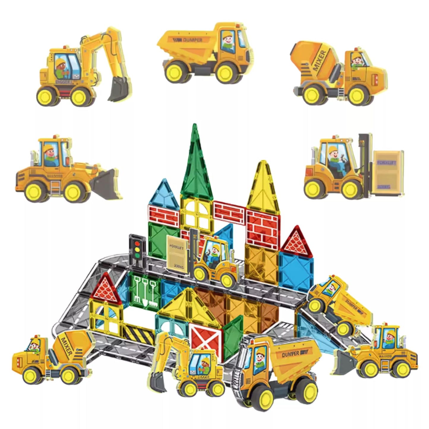 Woopie magnetinių kaladėlių rinkinys su statybinėmis transporto priemonėmis
