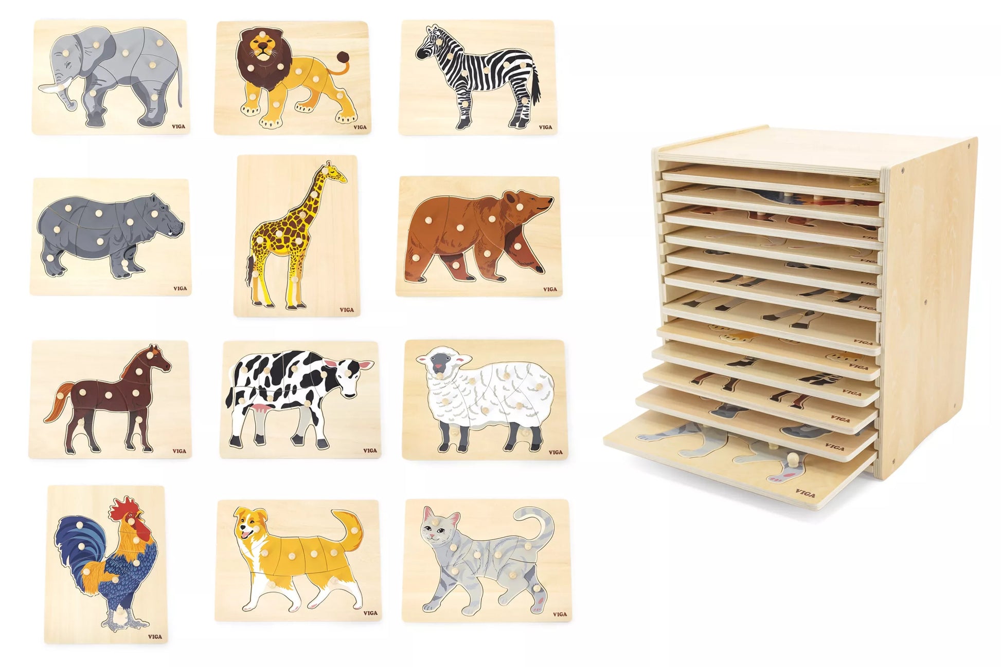 VIGA Medinių dėlionių rinkinys – 12 Montessori gyvūnų dėlionių su stovu