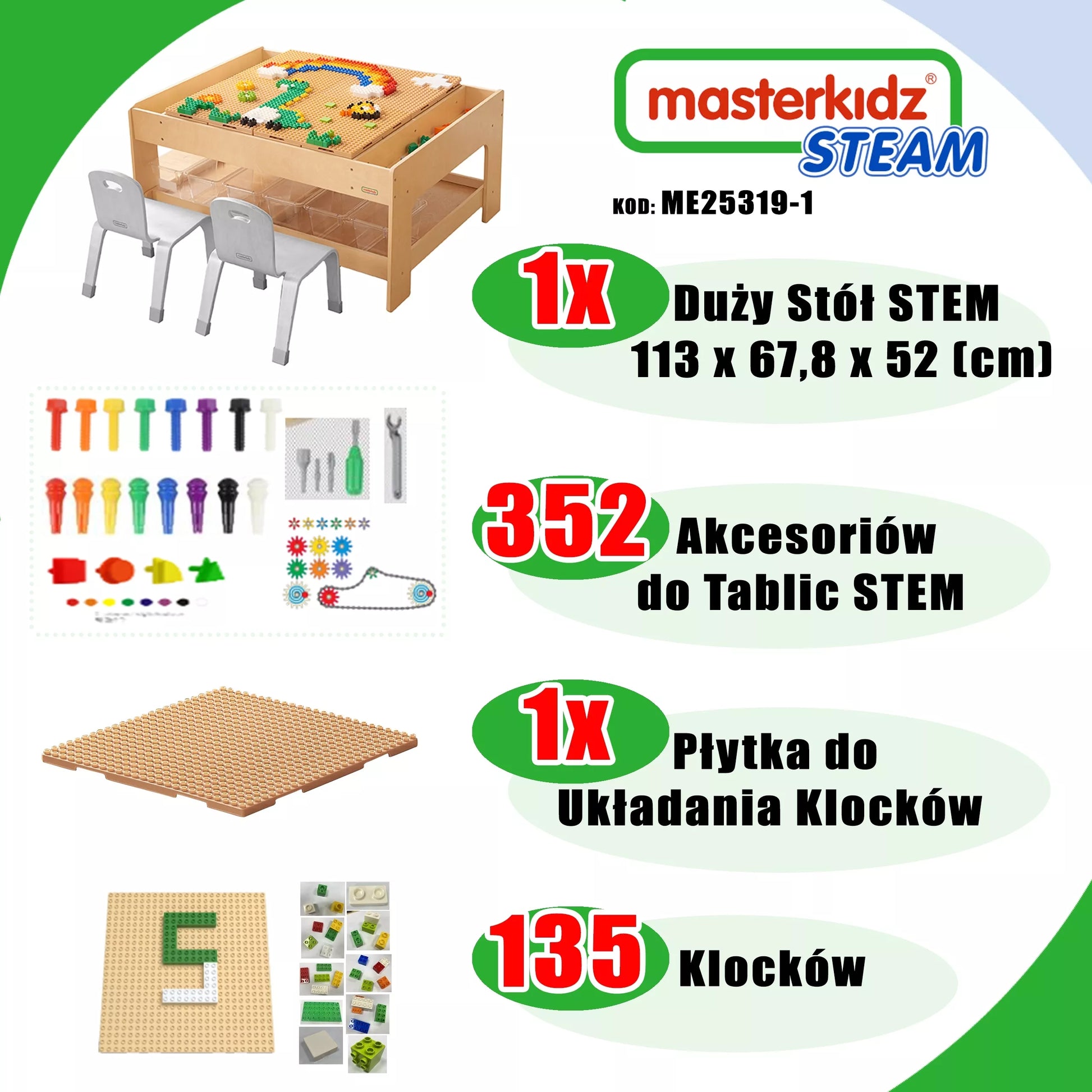 MASTERKIDZ medinis edukacinis stalas + STEM sienos priedai + 135 kaladėlės