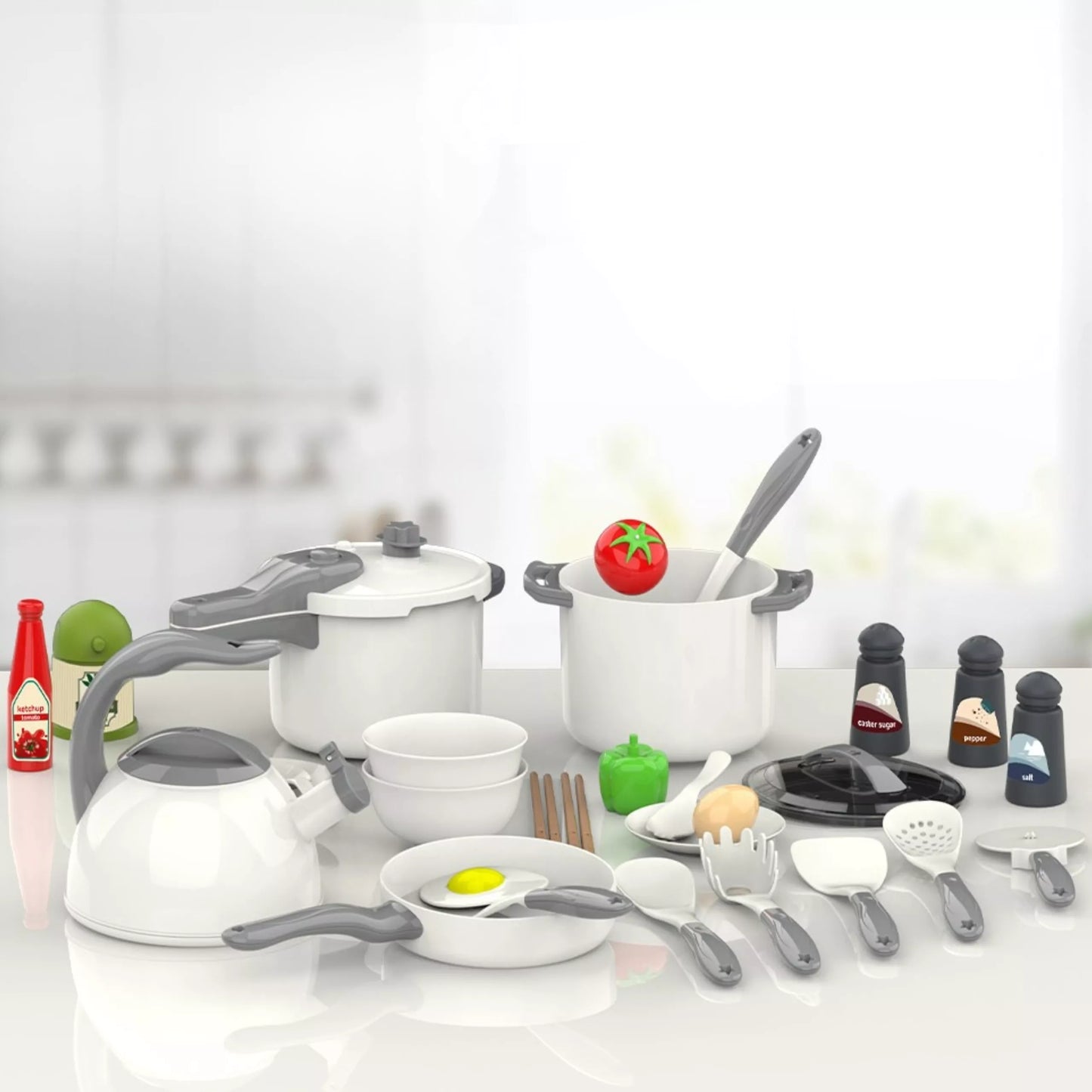 WOOPIE mažojo virėjo puodų, keptuvių, virdulių rinkinys, balti, 32 vnt.