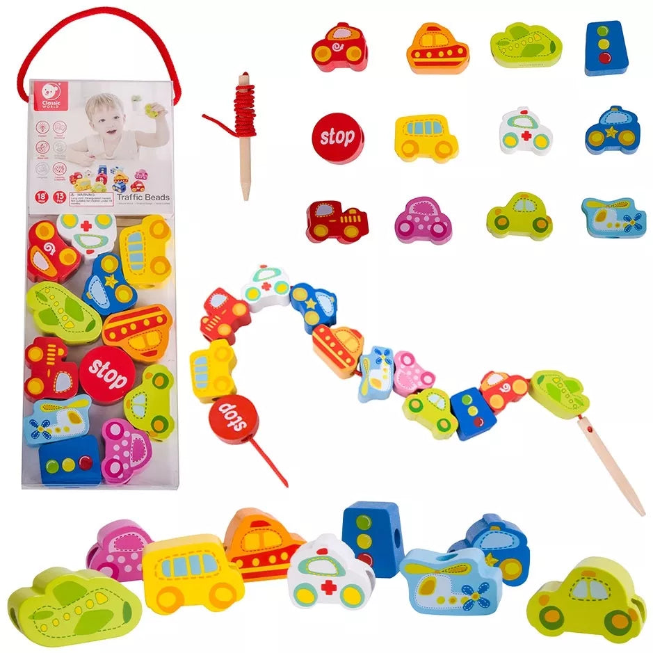 CLASSIC WORLD Mediniai siūlų vėrimo kaladėlės, kelių eismas, 13 vnt.