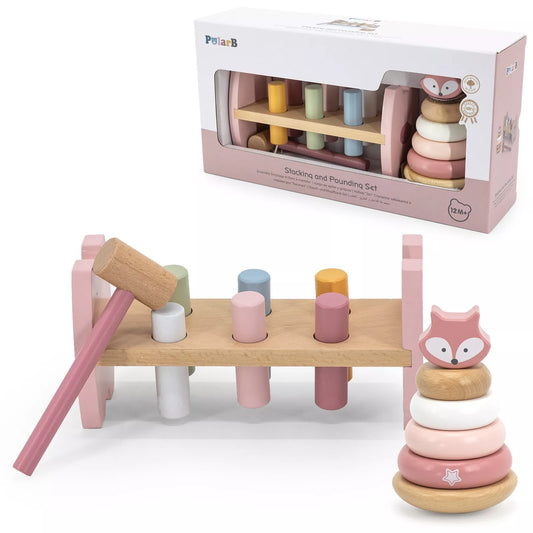 VIGA PolarB medinė piramidė + kalimo su plaktuku rinkinys „Montessori Lapė“