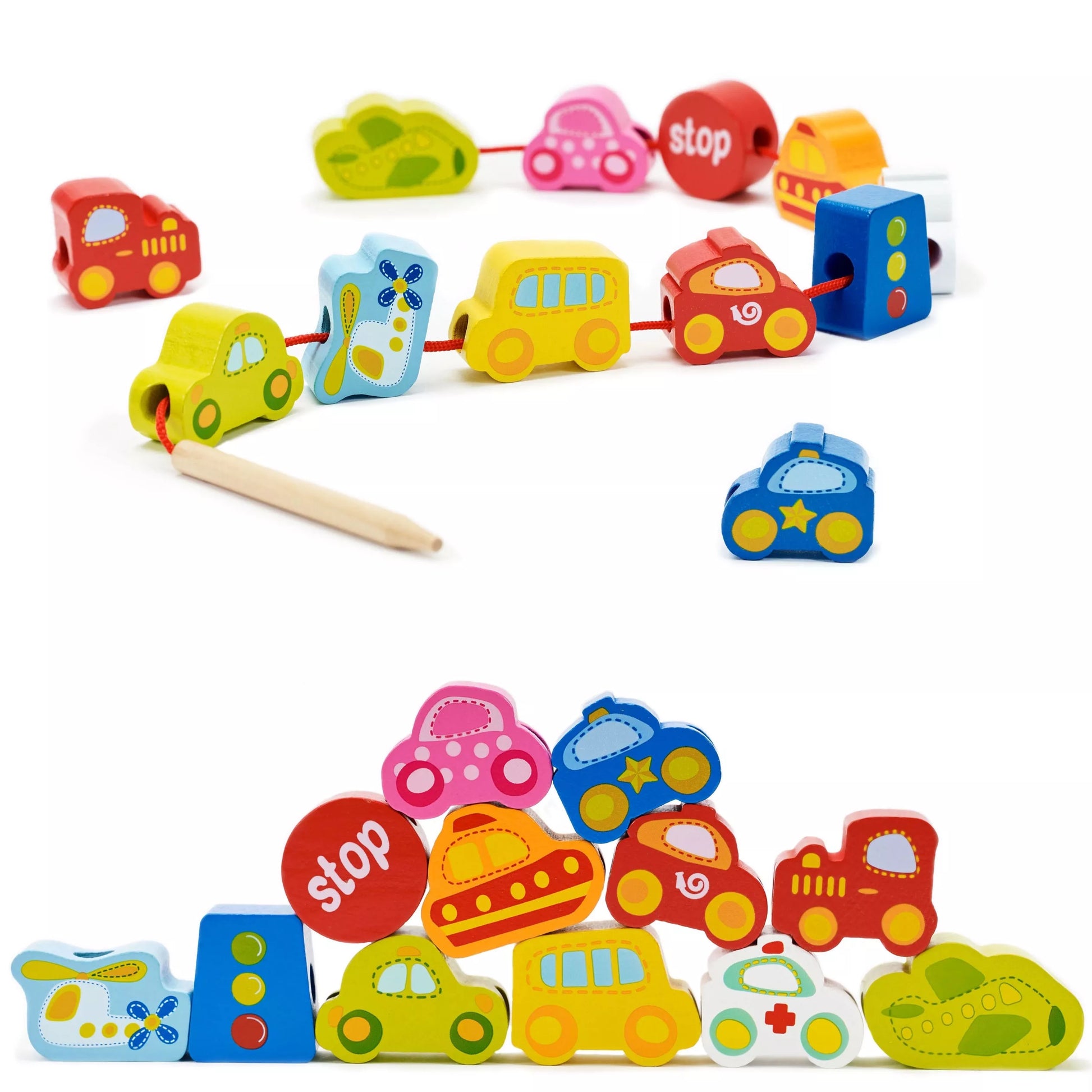 CLASSIC WORLD Mediniai siūlų vėrimo kaladėlės, kelių eismas, 13 vnt.