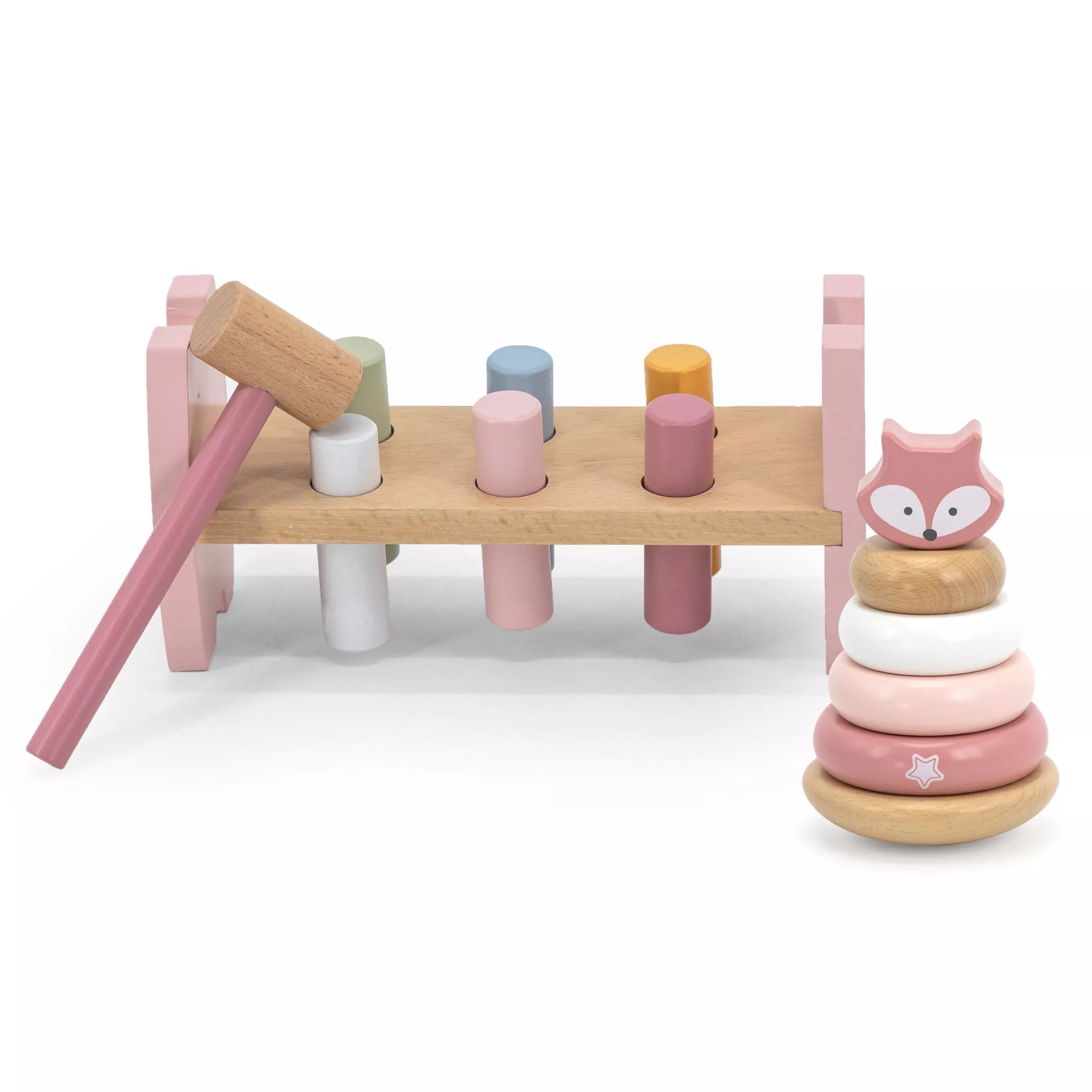 VIGA PolarB medinė piramidė + kalimo su plaktuku rinkinys „Montessori Lapė“