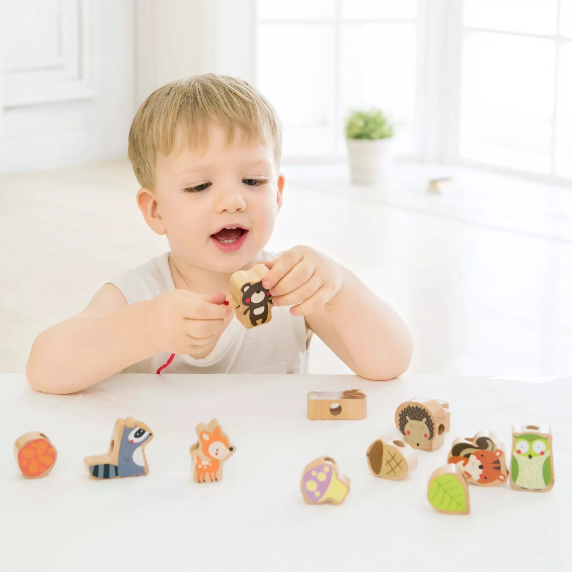 CLASSIC WORLD Mediniai siūlų vėrimo kaladėlės Miško gyvūnai 13 vnt.