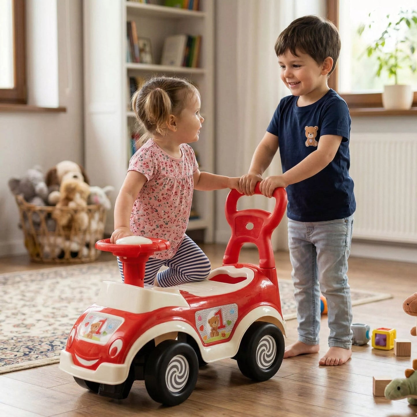 WOOPIE 4-in-1 vaikiškas stumdukas, vaikštynė ir rikiavimo žaislas su garsu ir daiktų laikymu