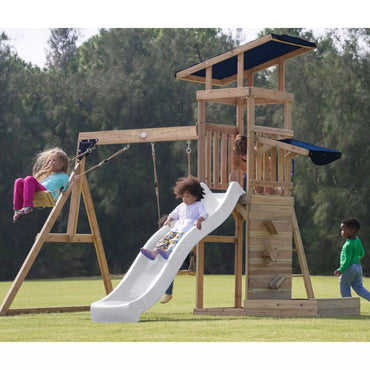 AXI Didelės Medinės Žaidimų Aikštelės Sūpynės, Čiuožykla + Smėlio Dėžė – Balta