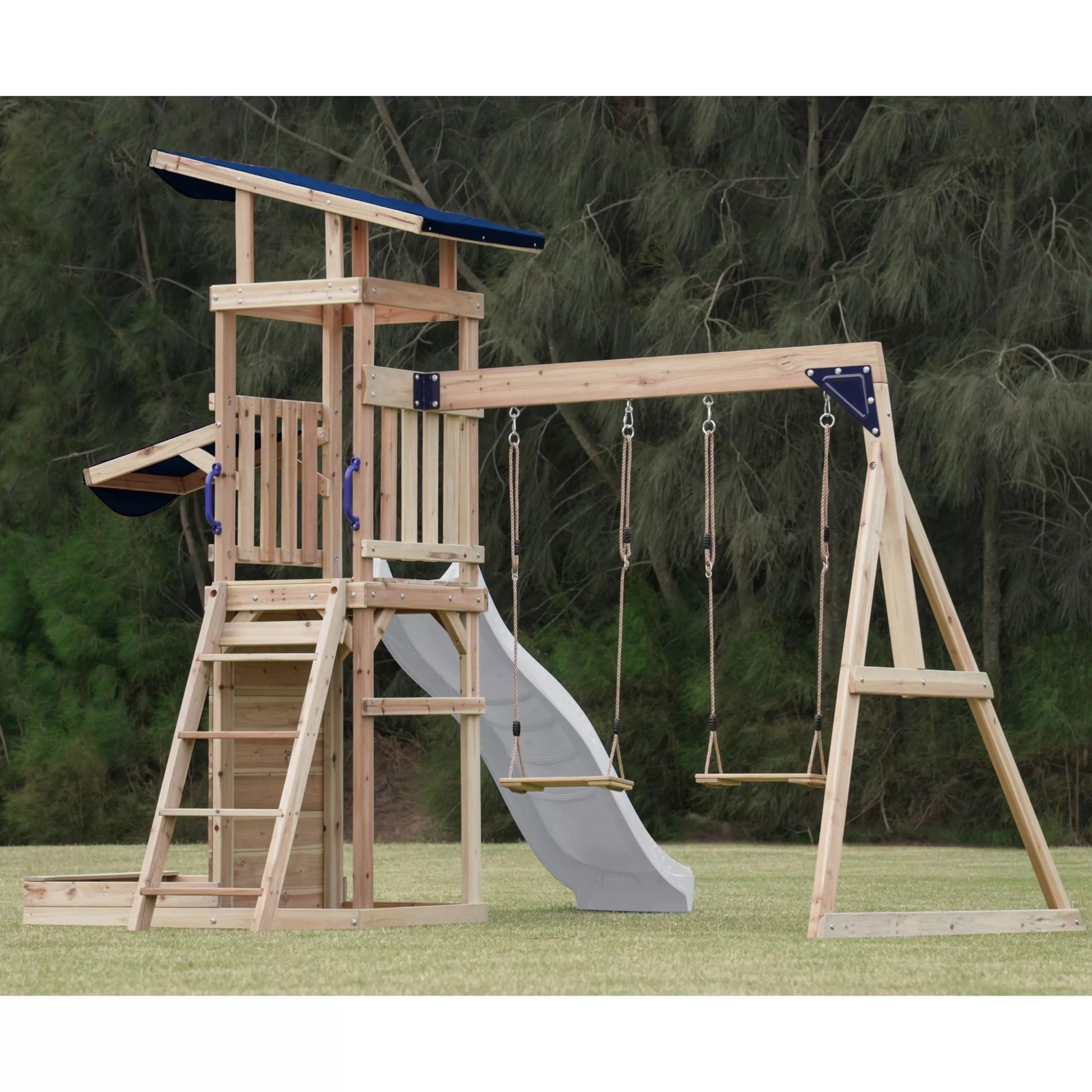 AXI Didelės Medinės Žaidimų Aikštelės Sūpynės, Čiuožykla + Smėlio Dėžė – Balta