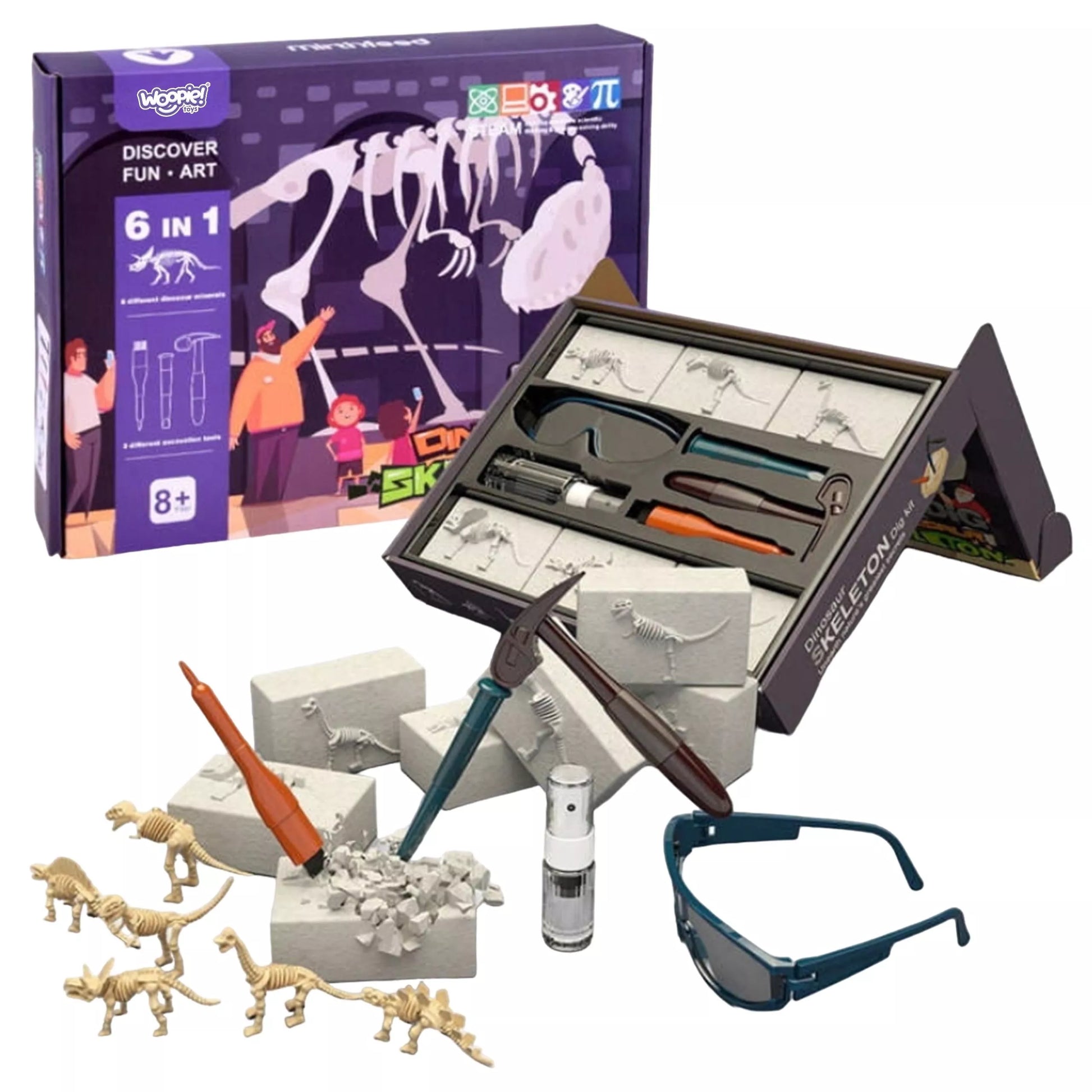 WOOPIE archeologinis rinkinys Dinozaurų skeleto kasinėjimai 6in1 Mažasis archeologas