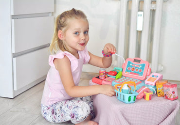 WOOPIE kasos aparatas vaikams, skeneris, svarstyklės, mikrofonas + 24 priedai.