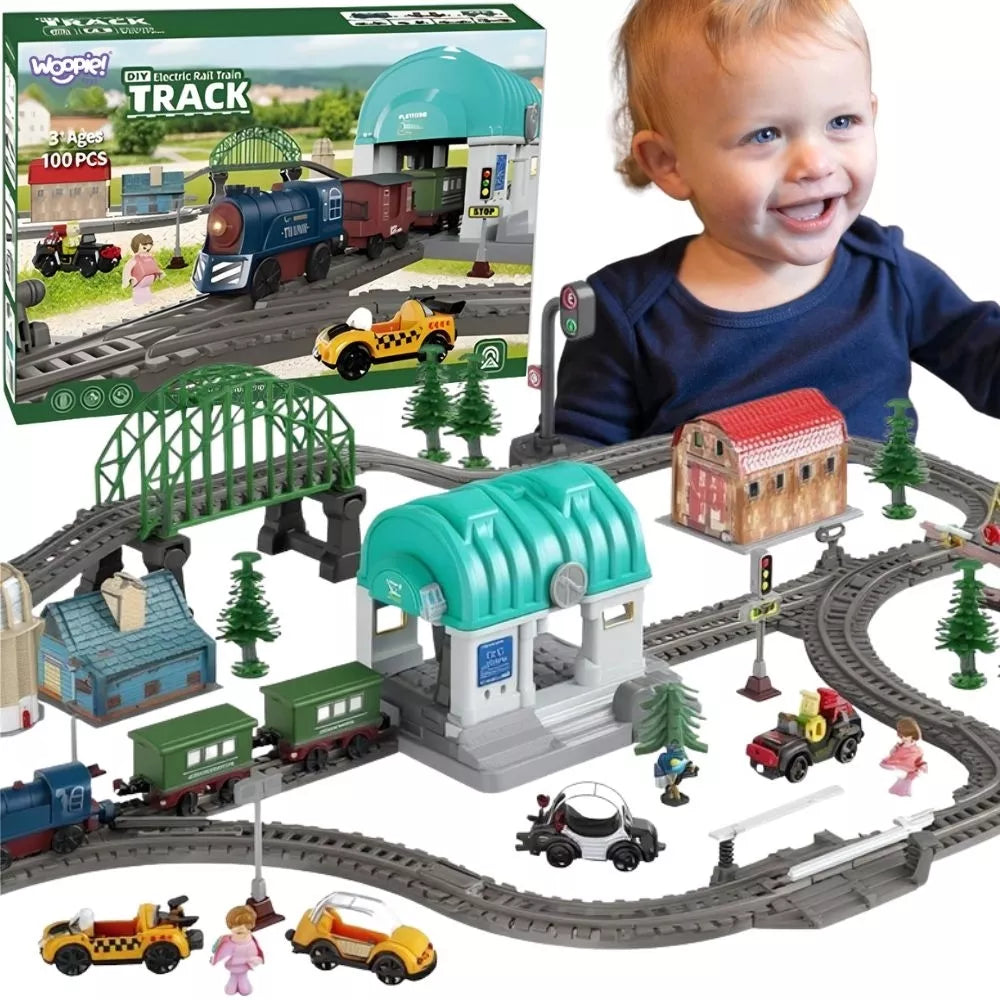 WOOPIE elektrinio traukinio geležinkelio bėgių XXL Ciuchcia lokomotyvų rinkinys Town 108 vnt.