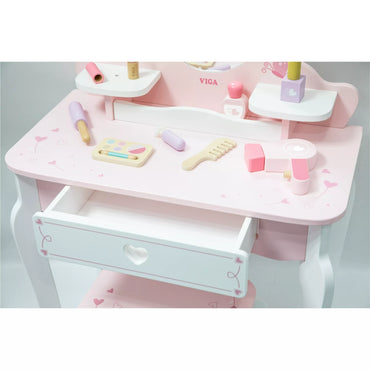 VIGA didelis medinis tualetinis staliukas su baltu ir rožiniu fonu ir kėde