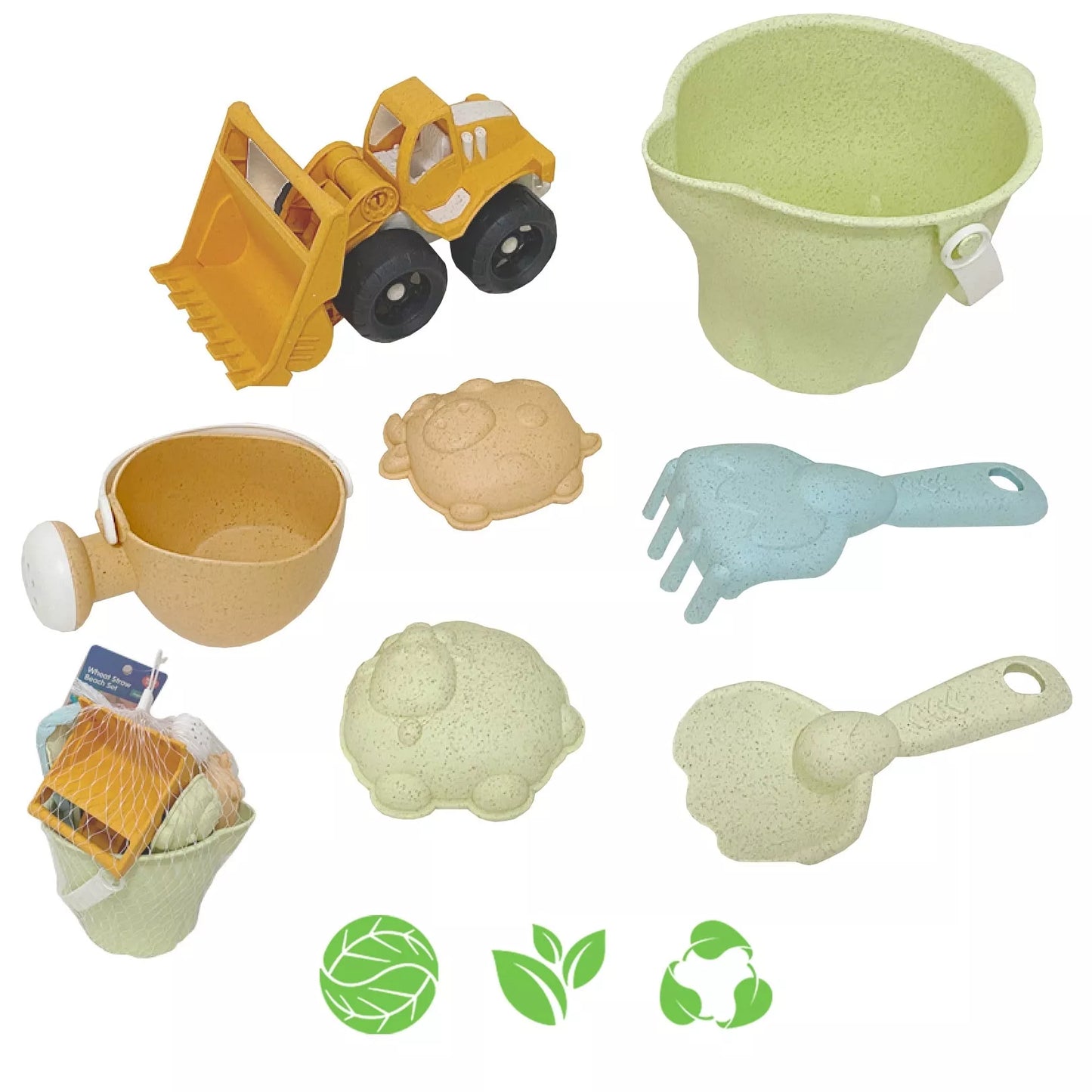 Woopie GREEN ekologiškas smėlio rinkinys kibirėlyje (7 vnt.)