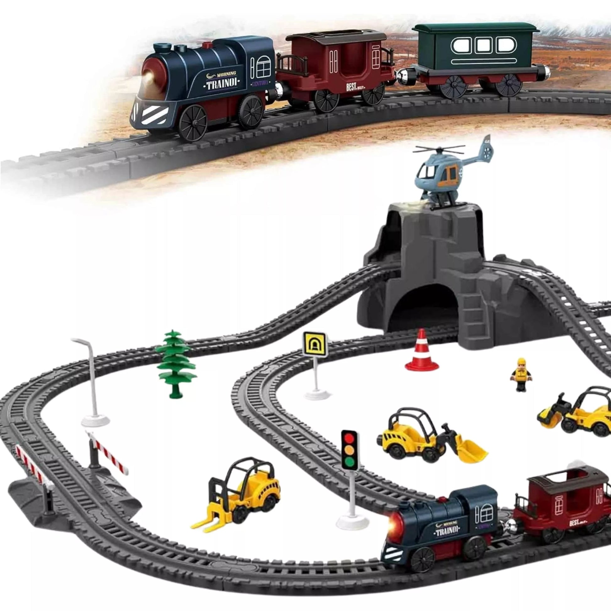 WOOPIE elektrinis traukinio bėgių kelias Retro Ciuchcia lokomotyvas + 2 vagonai – 76 vnt. rinkinys.