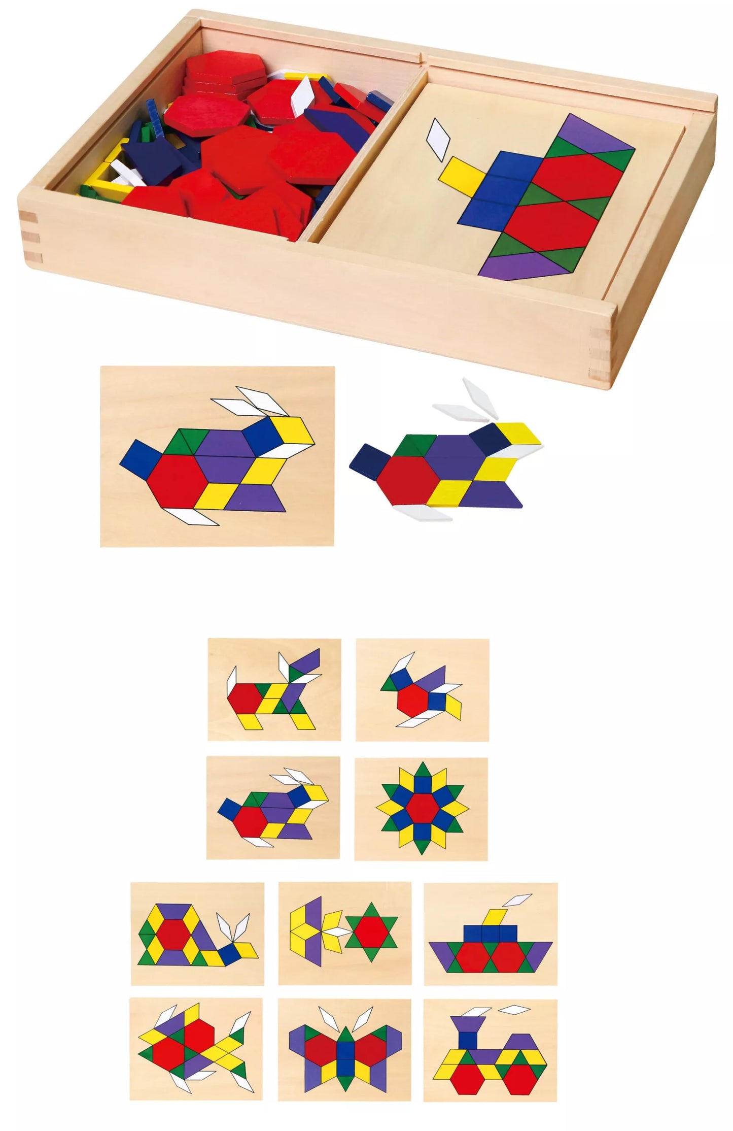 Medinės geometrinės mozaikos „Dienes“ kaladėlės – Montessori loginis galvosūkis