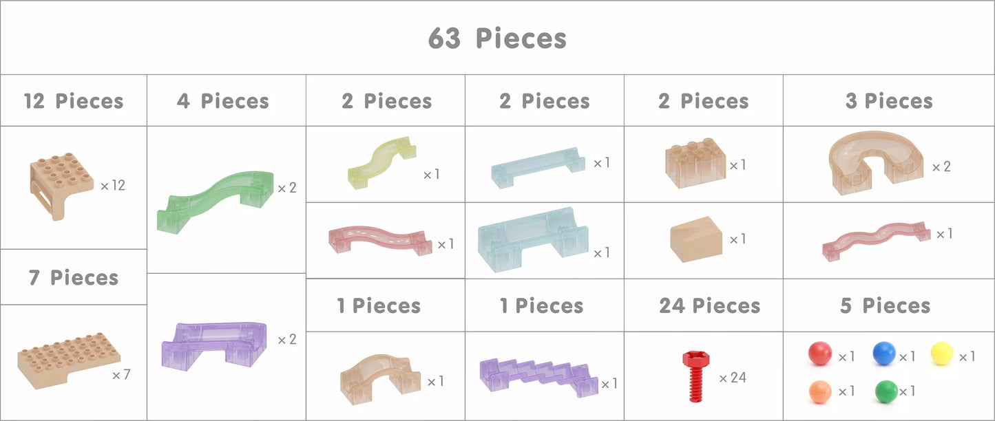 MASTERKIDZ konstruktoriaus rinkinys kamuoliukų bėgimui STEM lentai, 63 vnt.