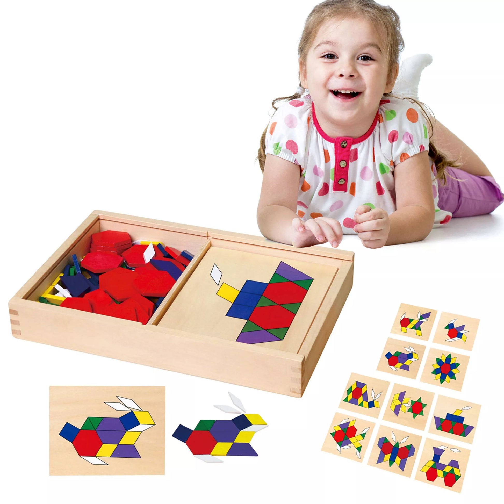 Medinės geometrinės mozaikos „Dienes“ kaladėlės – Montessori loginis galvosūkis