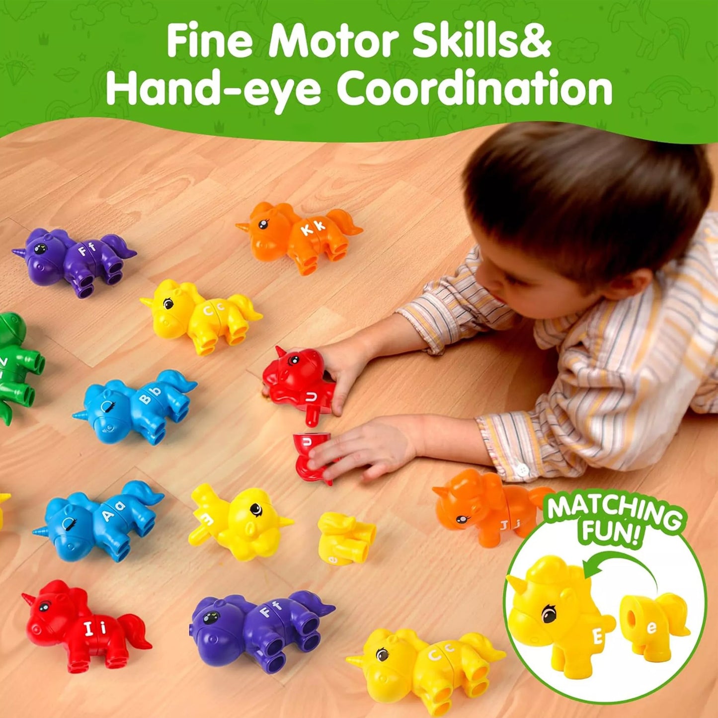 Montessori figūrėlių lavinantis rinkinys Vienaragiai surinkimui mokytis raides ir spalvas