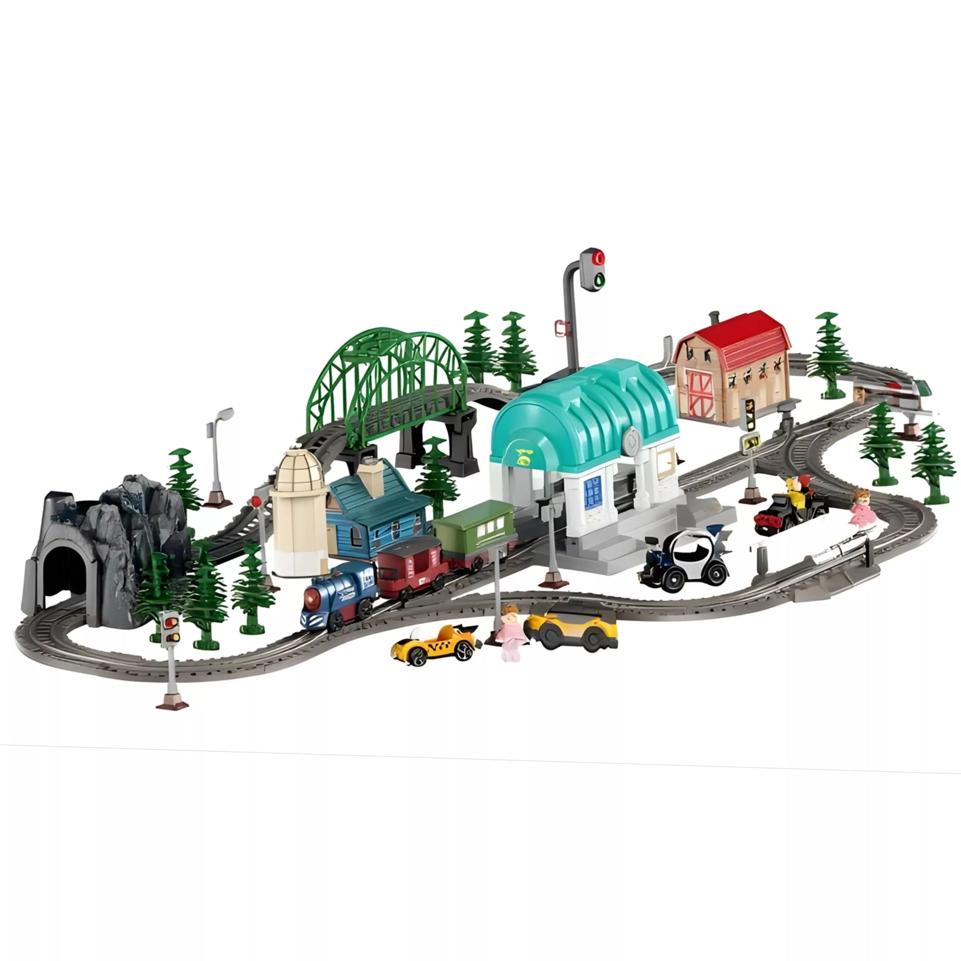 WOOPIE elektrinio traukinio geležinkelio bėgių XXL Ciuchcia lokomotyvų rinkinys Town 108 vnt.