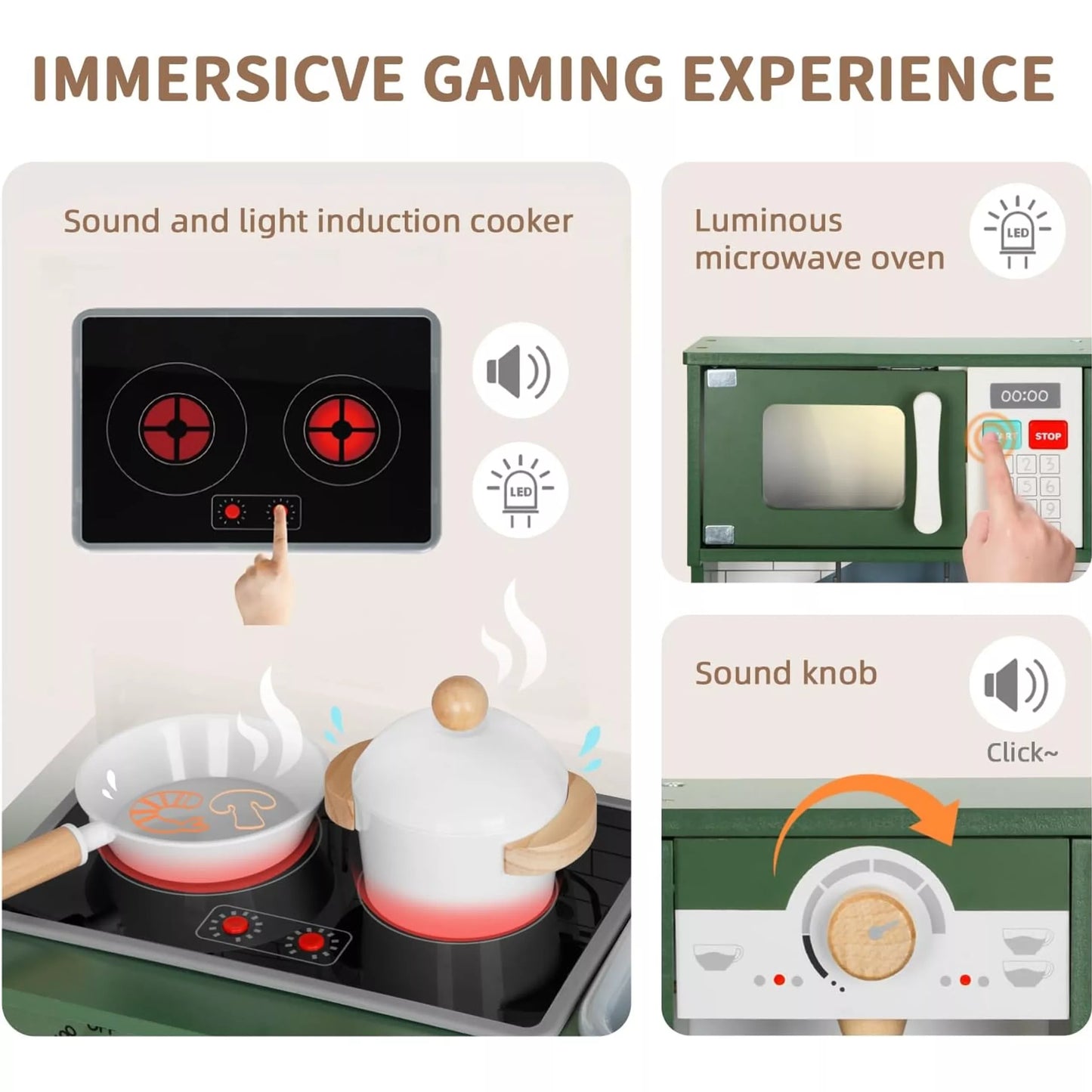 WOOPIE GREEN 9in1 medinė interaktyvi virtuvė su skalbimo mašina ir balta lenta