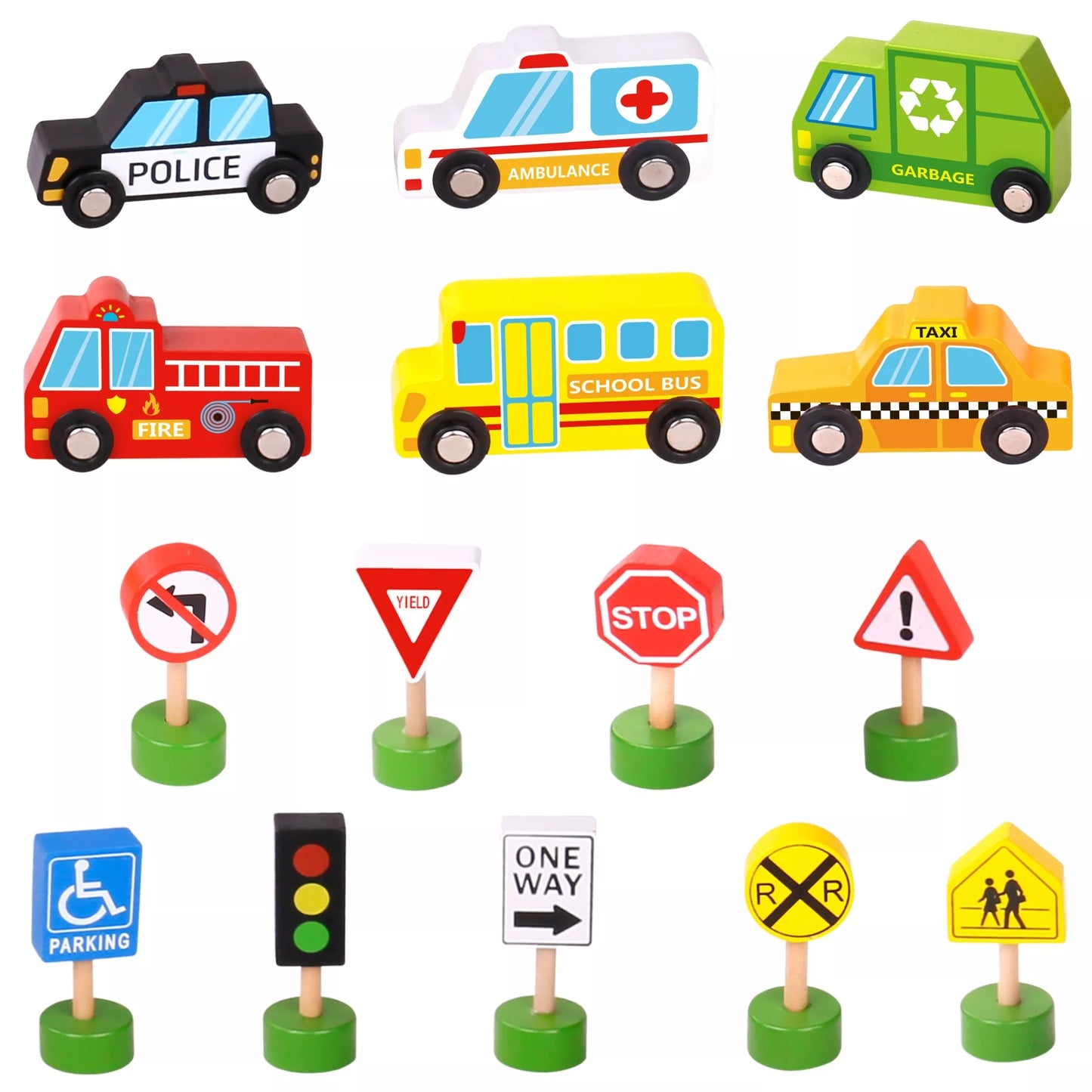 WOOPIE GREEN medinių transporto priemonių ir kelio ženklų rinkinys, 15 vnt.