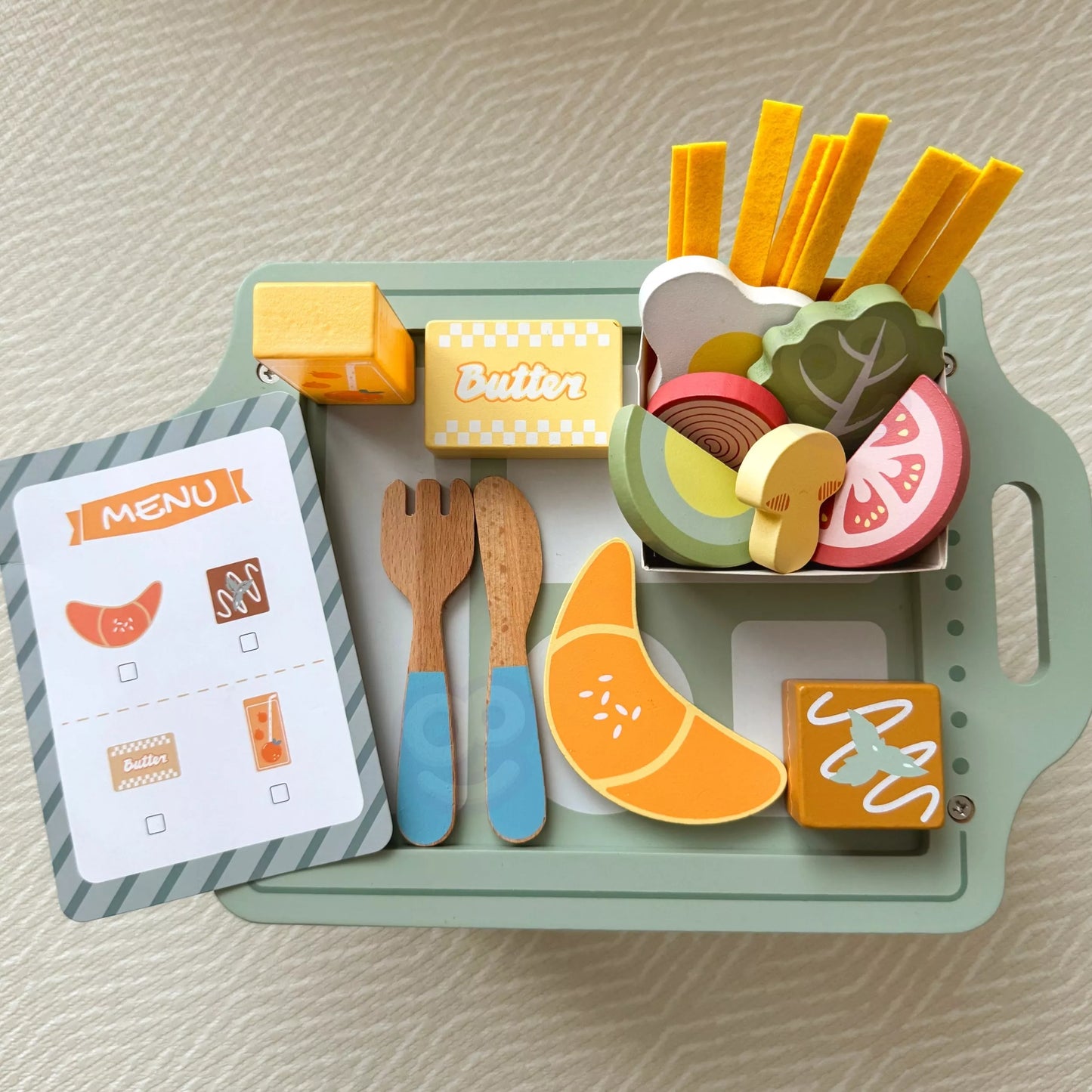 WOOPIE GREEN Pusryčių rinkinys ir restoranas – užsakymo žaidimas su padėklu ir priedais