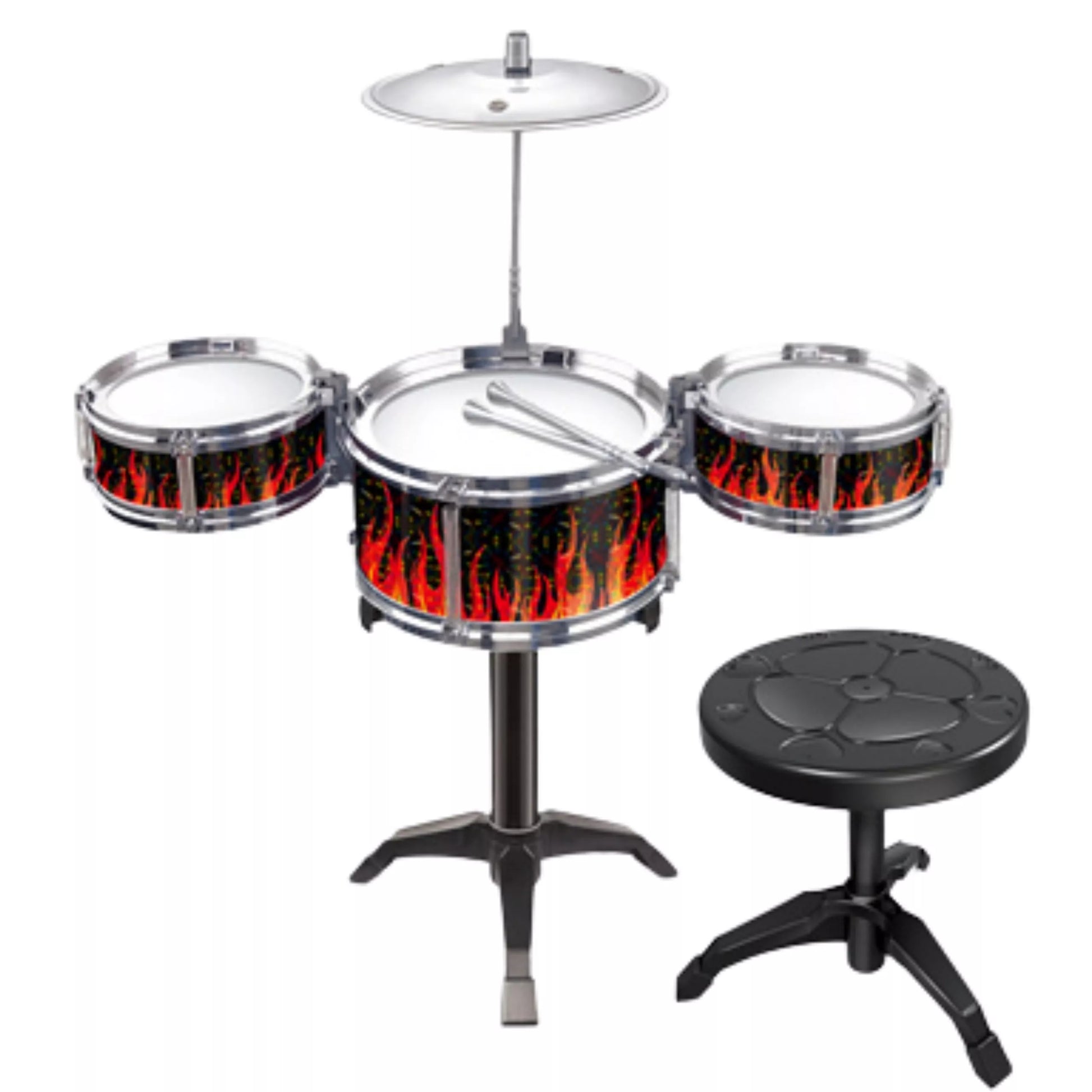 WOOPIE edukaciniai mušamieji vaikams: 3 būgnai, 1 cimbolas + taburetė