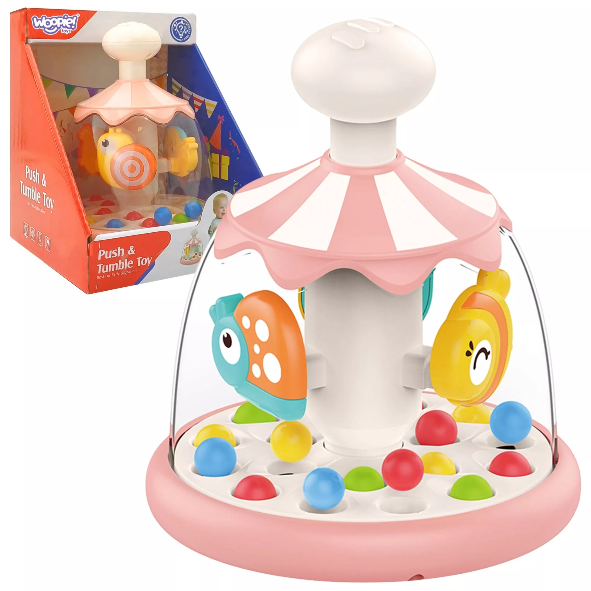 WOOPIE BABY Spalvingų gyvūnų rožinis vilkelis su kamuoliukais ir karuselė