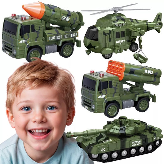 WOOPIE karinių transporto priemonių rinkinys su paleidimo tanko sraigtasparniu 4vnt skalė 1:20