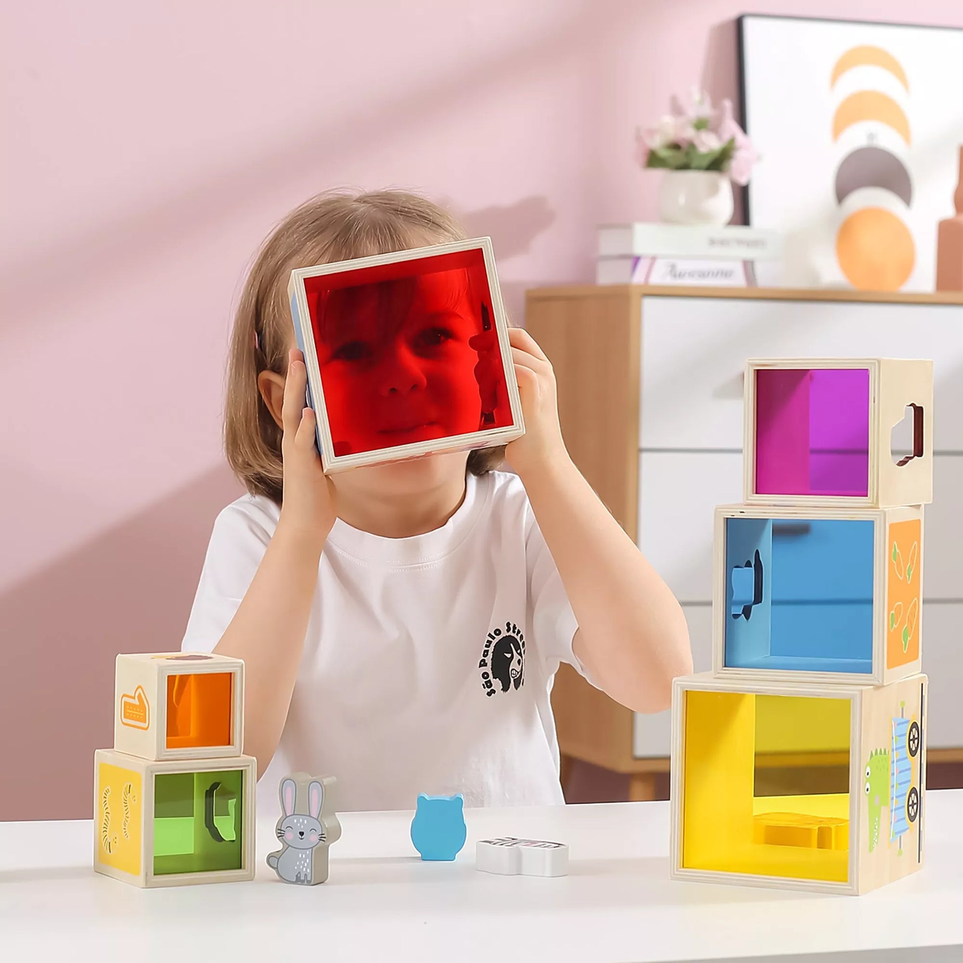 VIGA medinė piramidės formos dėlionė su kaladėlėmis – Montessori rūšiuoklis