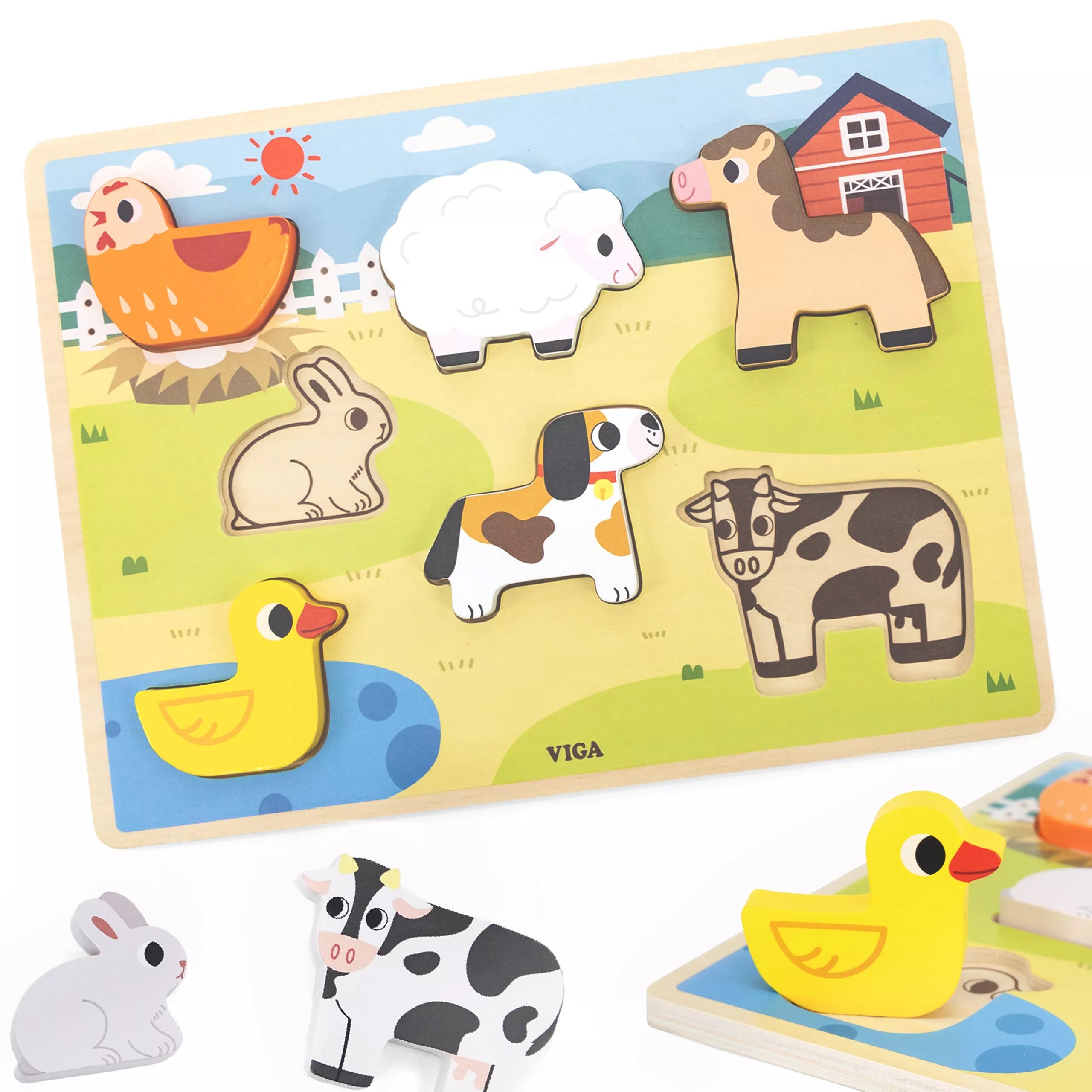 VIGA medinė Montessori 2-in-1 dėlionė „Ūkio figūros“