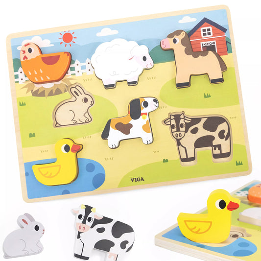 VIGA medinė Montessori 2-in-1 dėlionė „Ūkio figūros“