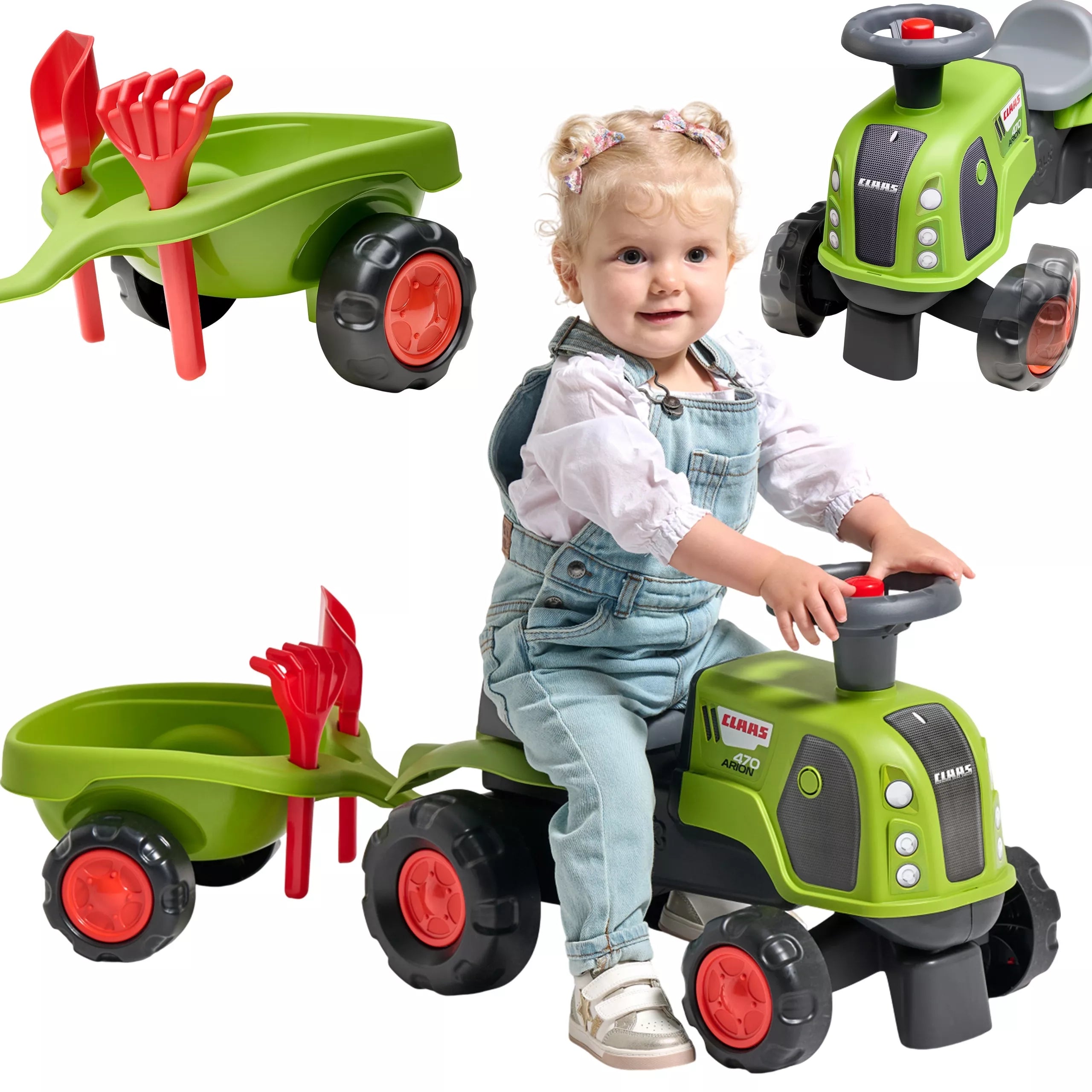 FALK Ride-on Claas 470 Arion Green su priekaba + smėlio rinkinys