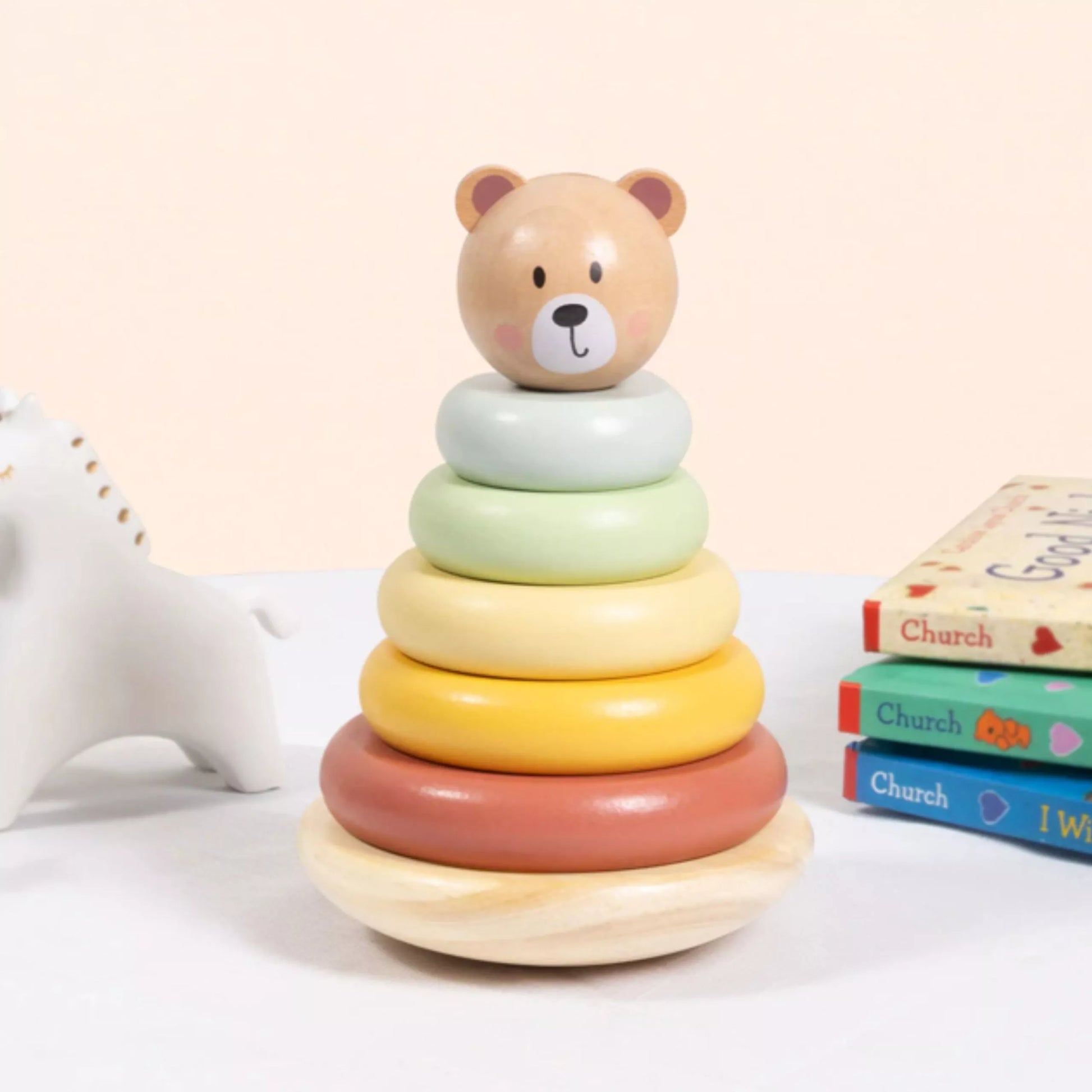 TOOKY ŽAISLAS Medinė jutiminė dėlionė Piramidė Sensorinė meškiukas Spalvingas kaminas