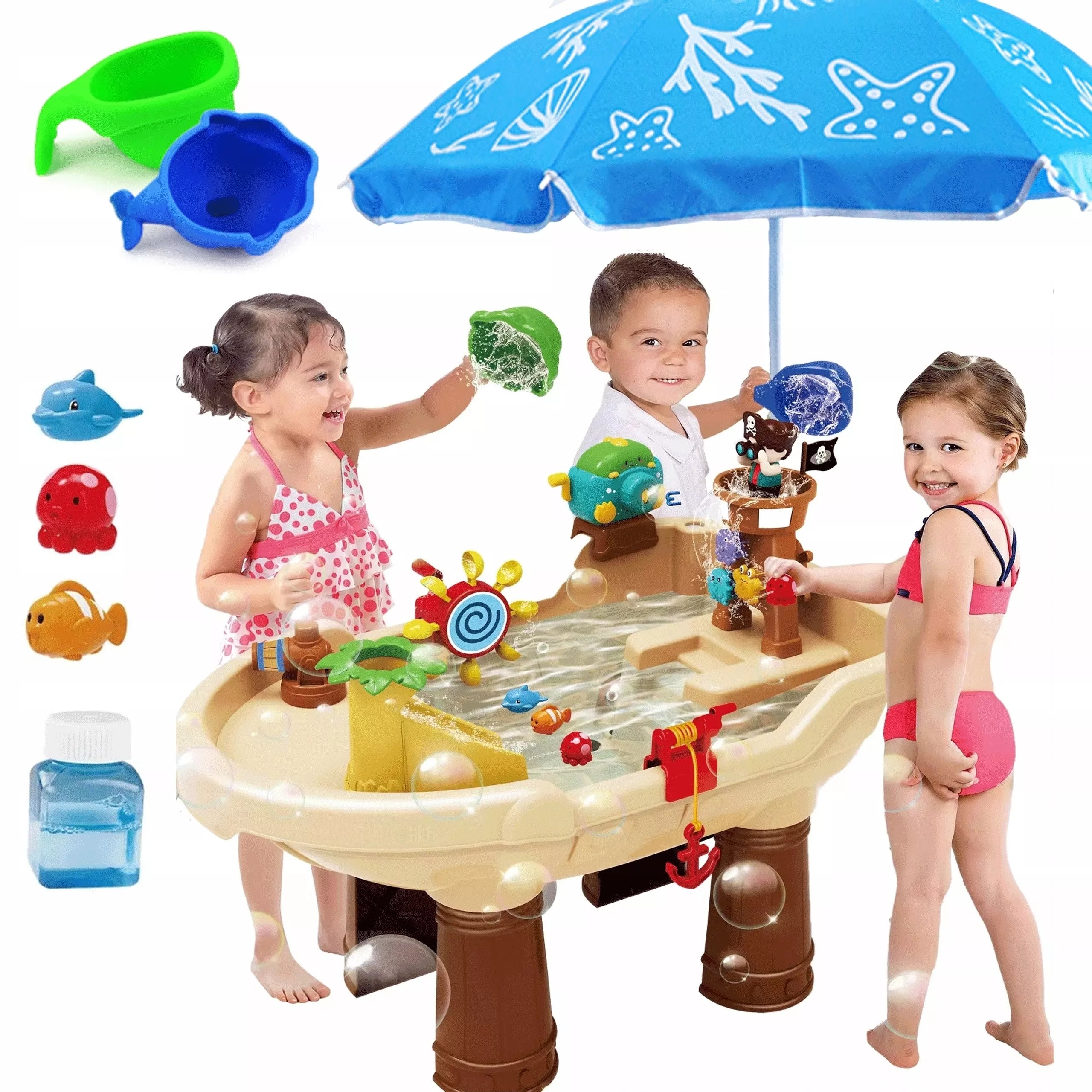 WOOPIE 2 viename vandens stalas, piratų laivo smėlio dėžė su XL skėčiu ir burbulų aparatu