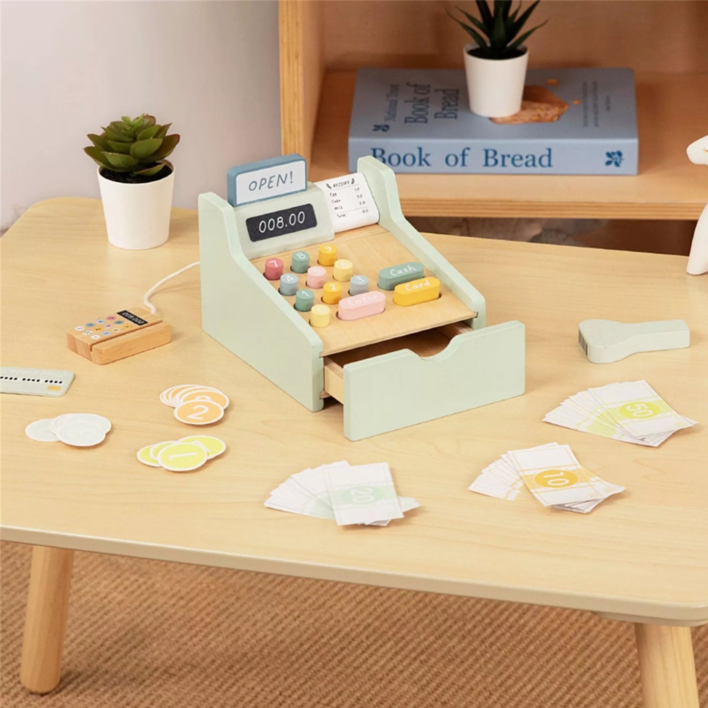 WOOPIE GREEN Medinė edukacinė parduotuvė Atsiskaitymas su priedais 23 vnt.