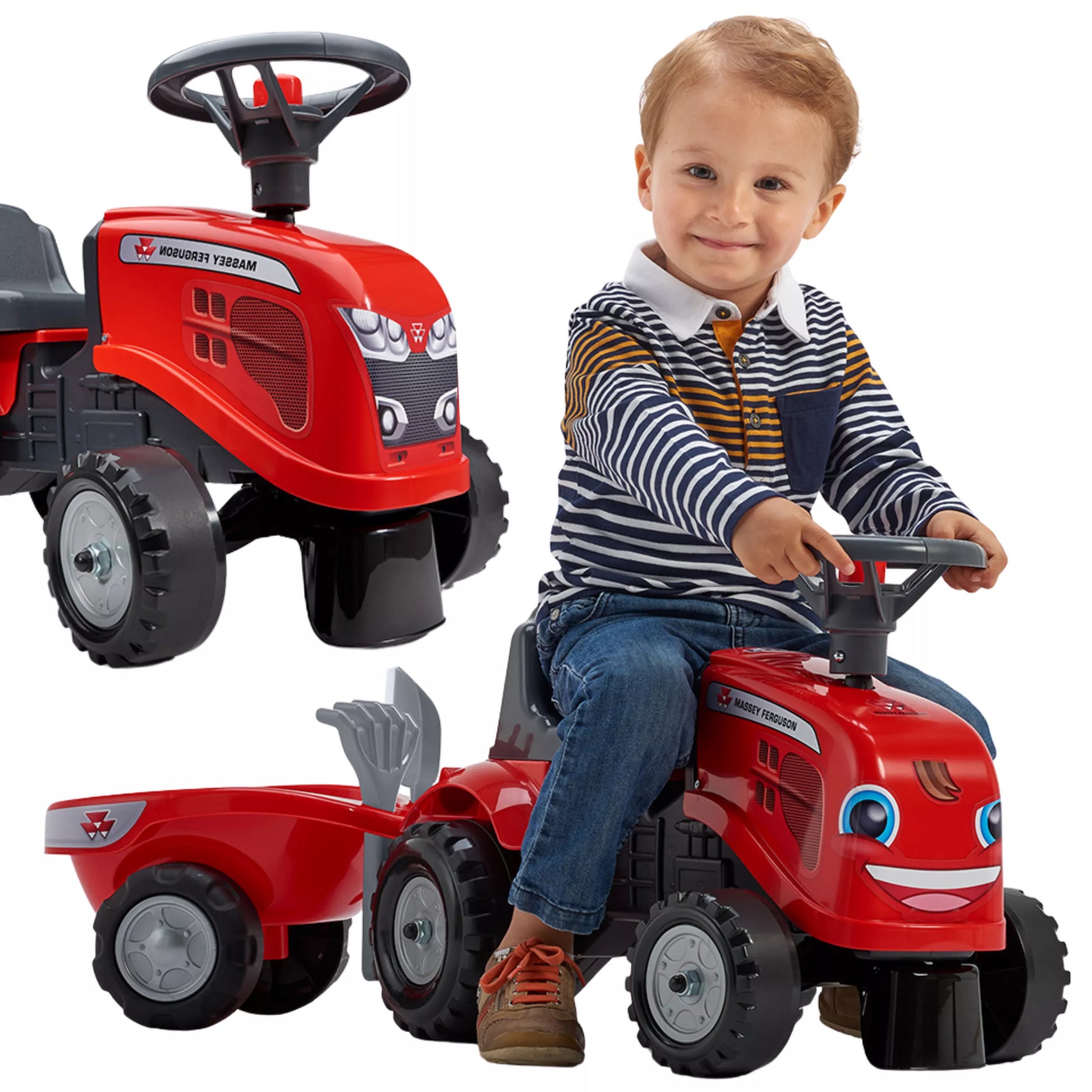 Falk Baby Massey Ferguson traktoriukas–stumdukas su priekaba, įrankiais ir lipdukais