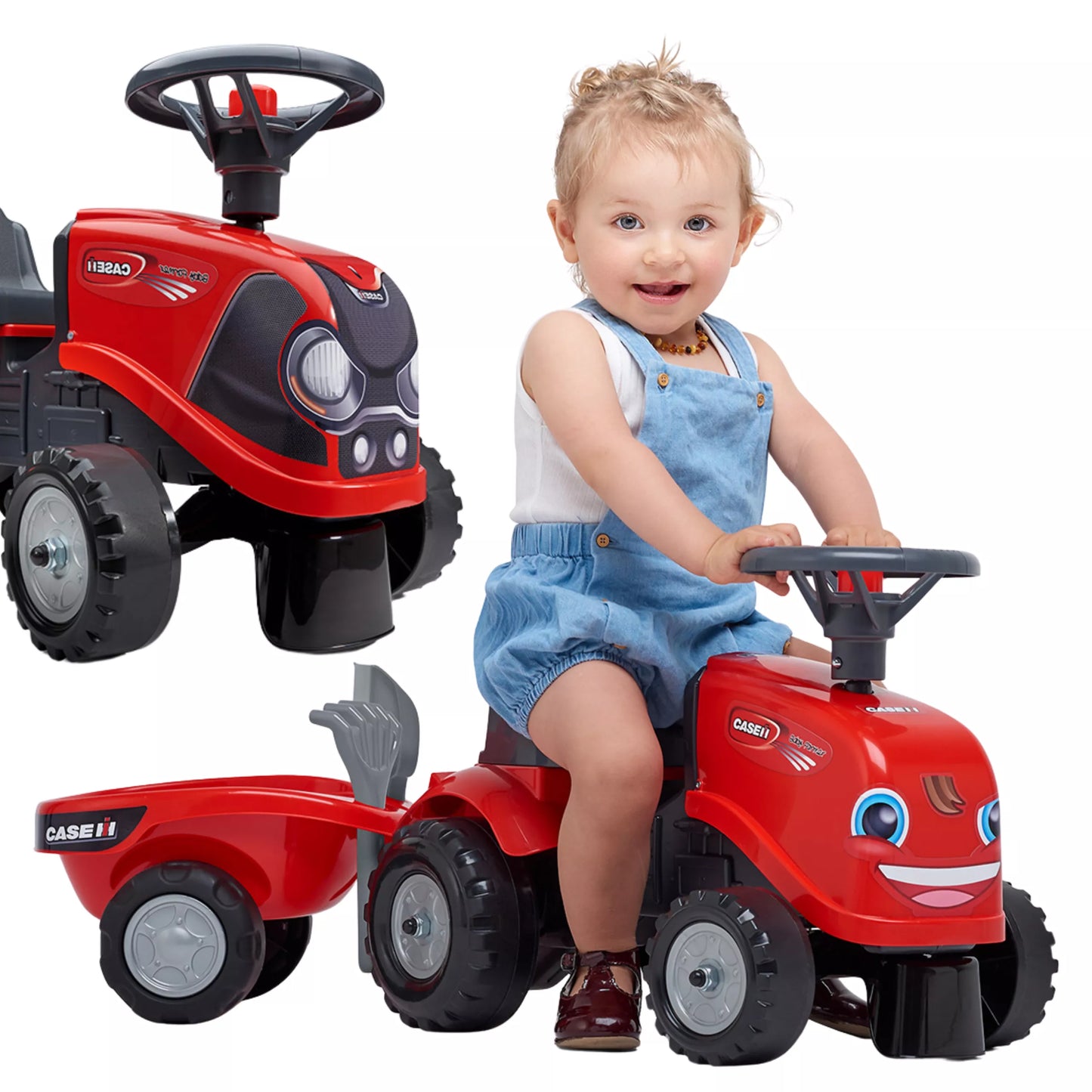 Falk Baby Case IH traktoriukas–stumdukas su priekaba, įrankiais ir lipdukais