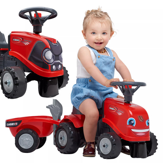 Falk Baby Case IH traktoriukas–stumdukas su priekaba, įrankiais ir lipdukais