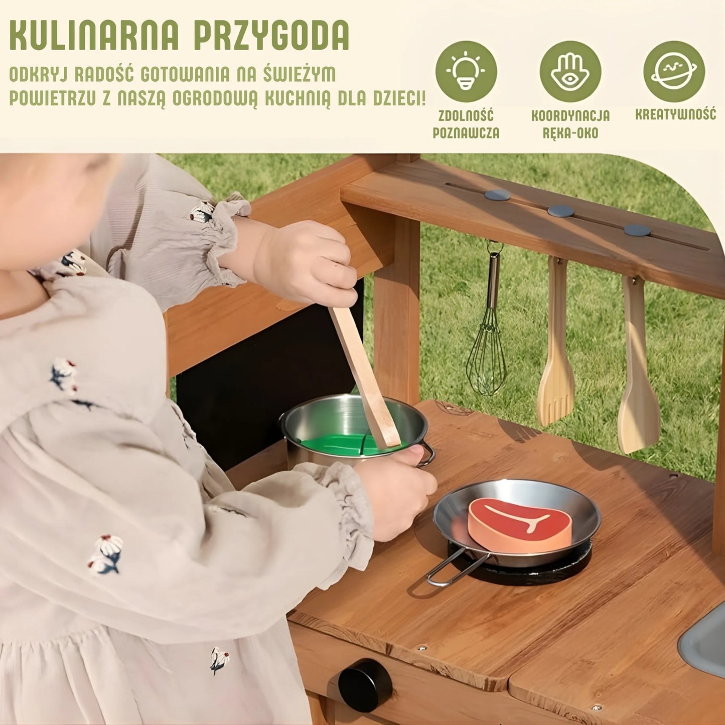 WOOPIE GREEN medinė sodo virtuvė su stogeliu, kriaukle ir čiaupu