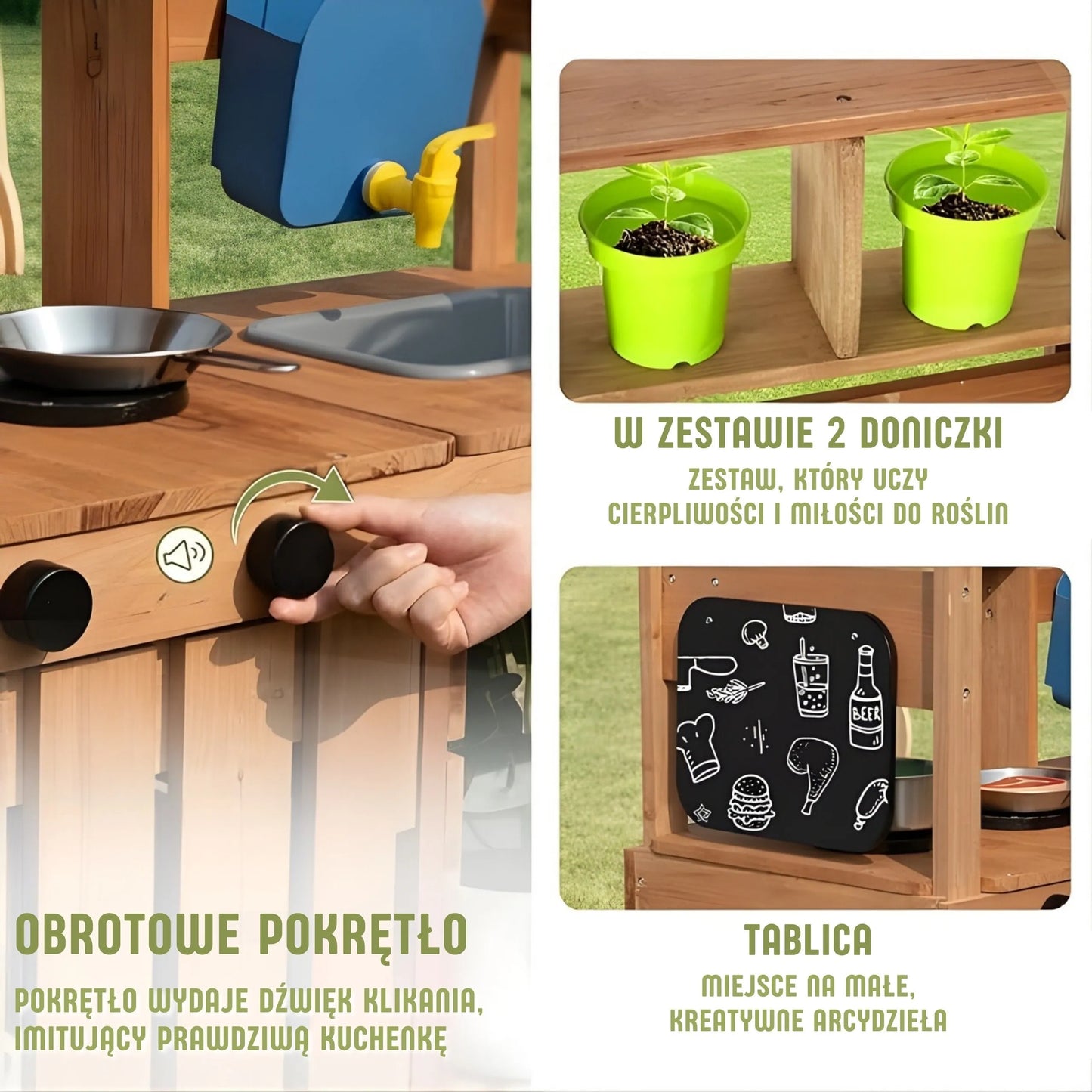 WOOPIE GREEN medinė sodo virtuvė su stogeliu, kriaukle ir čiaupu