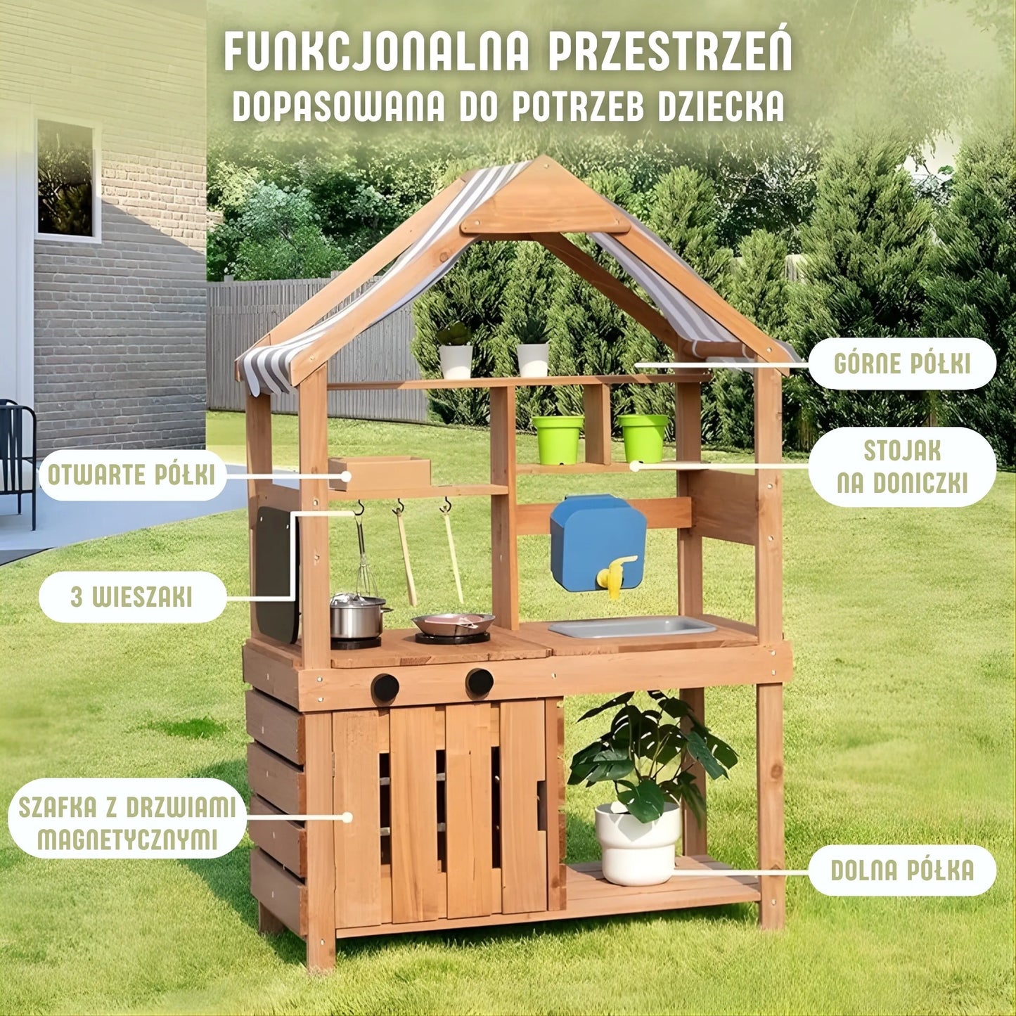 WOOPIE GREEN medinė sodo virtuvė su stogeliu, kriaukle ir čiaupu
