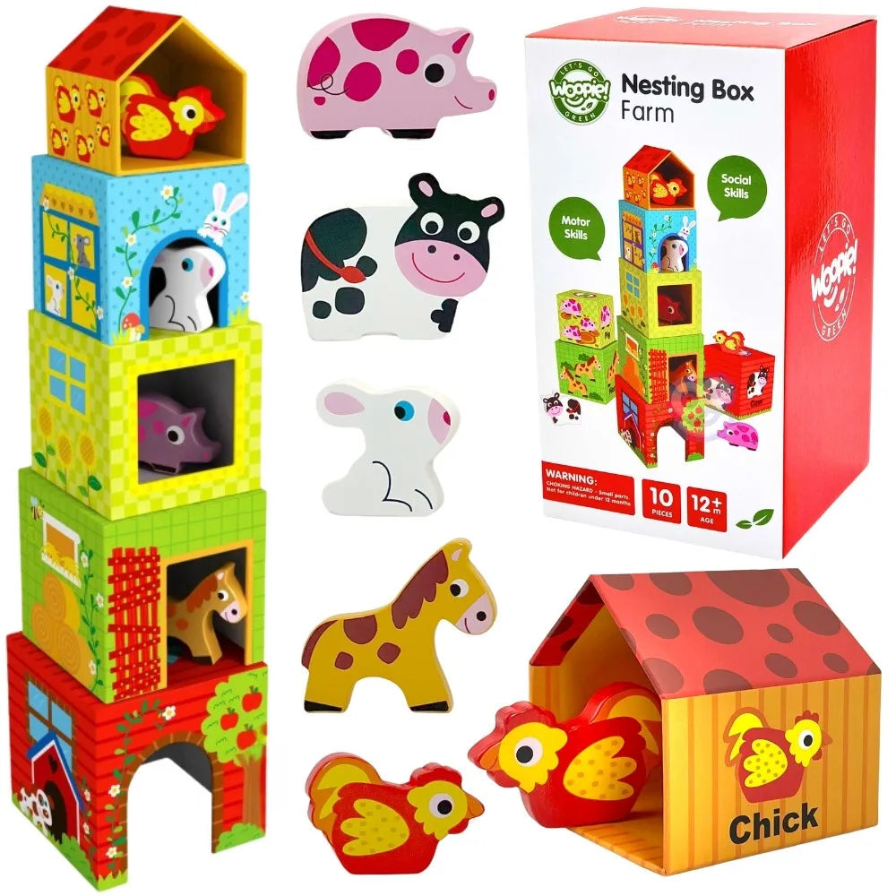 WOOPIE GREEN „Ūkis dėžutėse“ kubų dėlionė + figūrėlės