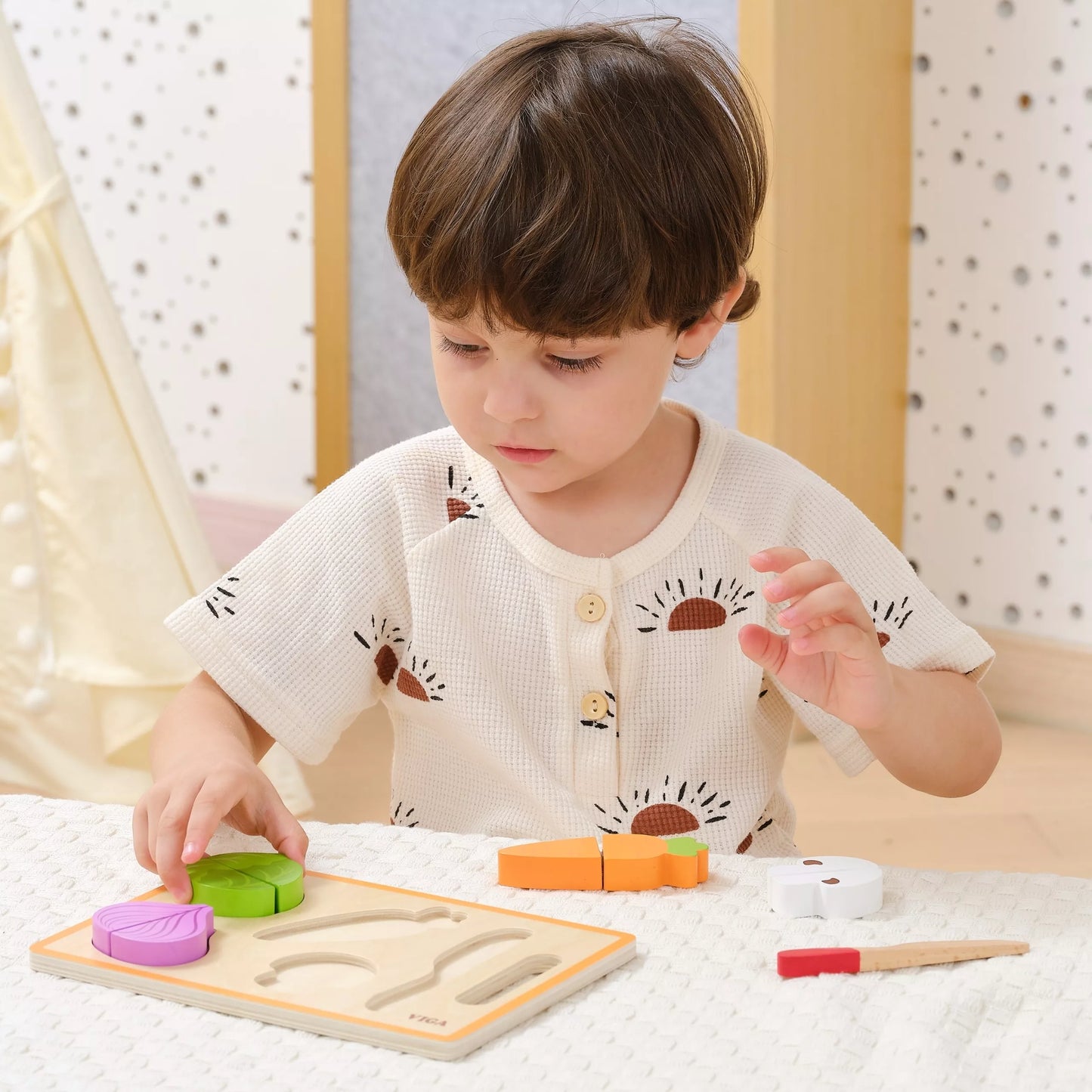 VIGA Mediniai Montessori Švietimo Dėlionė Pjovimo Daržovės