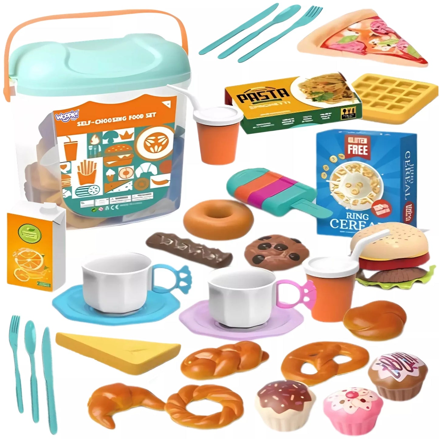 WOOPIE XL rinkinys Maistas žaidimams Maisto produktai Greito maisto saldumynai Sausainiai Stalo įrankiai kibire 40 vnt.
